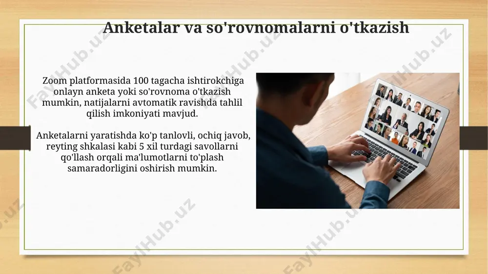 avtomatik ravishda saqlash va 4k sifatida yuklab olish imkoniyatini beradi. zoom platformada konferensiya yaratish zoom platformida konferensiyani yaratishda 1000 kishigacha ishtirokchini qo'shishingiz mumkin, lekin bu ulkan miqyosdagi tadbirlar uchun qo'shimcha resurslar va professional texnik yordam talab qiladi. ishlatilgan zoom xususiyatlari (masalan, ekranni baham ko'rish, so'rovnomalar) uchun tarmoq tezligini 5 mbps dan yuqori bo'lishi tavsiya etiladi, aks holda uzilishlar mumkin. chat xususiyatlaridan foydalanish moderatorlar chatdagi noloyiq xabarlarni nazorat qilish va o'chirish imkoniyatiga ega, bu 200 dan ortiq ishtirokchilar bo'lgan katta konferensiyalarni ham samarali boshqarishga yordam beradi. chat xususiyatlari orqali maxsus xabarlar yuborish, masalan, 3 ta alohida guruhga, individual savollarga javob berish va tarqatma materiallarni taqdim etish mumkin. savol-javob sessiyasini o'tkazish zoom platformasida savol-javob sessiyasini o'tkazish uchun "q&a" funksiyasidan foydalaning, u ishtirokchilarga 100 tagacha savol berish imkonini beradi va moderator ularni tanlab javob berishi mumkin. savol-javob sessiyasining samaradorligini oshirish uchun 2-3 daqiqalik vaqt oralig'ida bloklarga bo'ling va har bir blokda 5-7 ta …