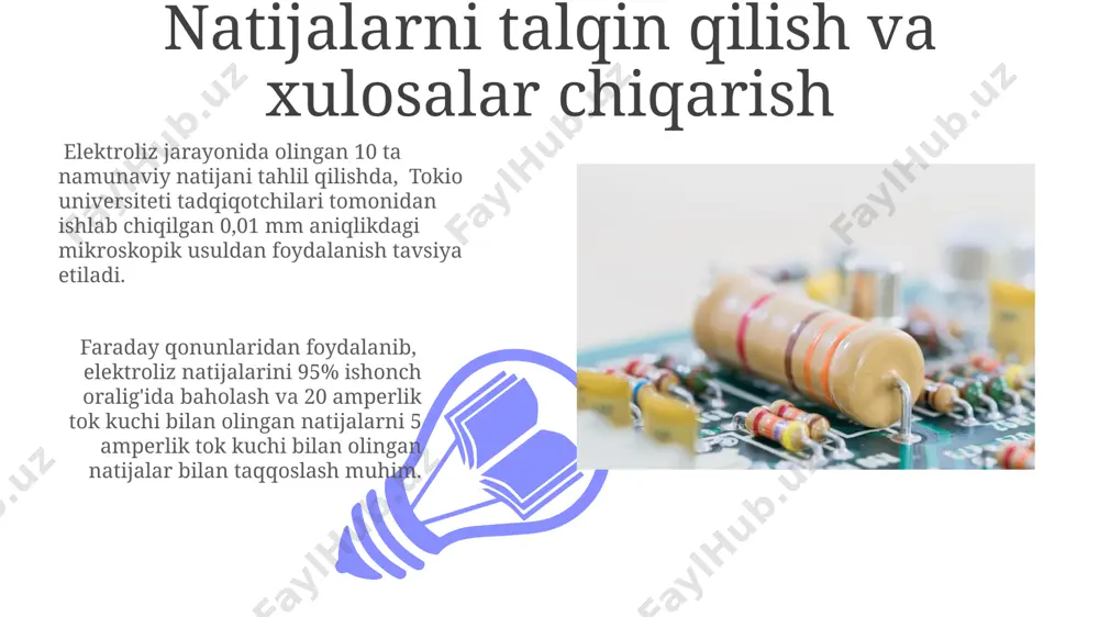 agan haroratda, nazorat qilinadigan yopiq tizimda o'tkazish zarur. muammoning aniqlanishi va tavsifi elektrolizda yuzaga kelgan muammoning hal etilishini baholash uchun, natijalarni 5 ga yaqin turli usullar bilan tahlil qilish va xorazm viloyatidagi zavodlarda amaliy sinovlar o'tkazish zarur. elektroliz jarayonida muammoni aniqlash uchun 10 dan ortiq parametrlarni, jumladan, tok kuchini, kuchlanishni va elektrodlarning materiallarini samarqanddagi elektrokimyoviy laboratoriyada o'rganish kerak. muammoni hal qilish usullari elektroliz jarayonida hosil bo'lgan gazlarning (masalan, vodorod va kislorod) 2:1 nisbatdagi to'g'ri miqdorini ta'minlash uchun, samarqanddagi elektrokimyoviy laboratoriyalarda sinab ko'rilganidek, elektrodlar orasidagi masofani va eritmaning konsentratsiyasini aniq nazorat qilish muhim ahamiyatga ega. elektroliz bilan bog'liq muammolarni hal qilishda, masalan, 10a tok kuchida ishlaydigan elektroliz tizimida anodik potensialning 0.5v ga o'zgarishi natijasida vujudga kelgan korroziyani bartaraf etish uchun, toshkentdagi kimyo zavodlarida qo'llaniladigan maxsus himoya qoplamalari texnologiyalaridan foydalanish mumkin. elektroliz tizimining tahlili 01 02 elektroliz tizimini tahlil qilishda, 20-30 ma tok kuchida ishlaydigan, toshkentdagi zavodda ishlab chiqarilgan elektrolizyorlarning samaradorligini aniqlash …