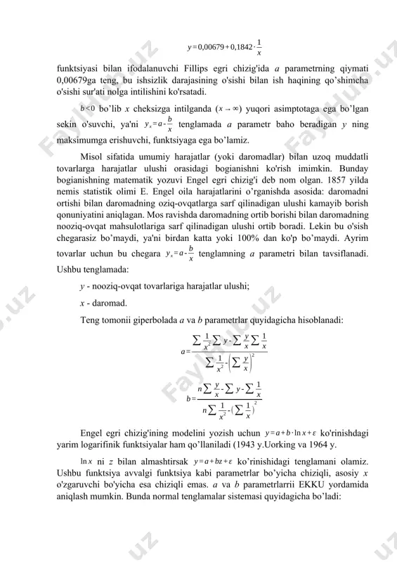 finik funktsiyalar ham qo’llaniladi (1943 y.uorking va 1964 y. ni z bilan almashtirsak ko’rinishidagi tenglamani olamiz. ushbu funktsiya avvalgi funktsiya kabi parametrlar bo’yicha chiziqli, asosiy x o'zgaruvchi bo'yicha esa chiziqli emas. a va b parametrlarrii ekku yordamida aniqlash mumkin. bunda normal tenglamalar sistemasi quyidagicha bo’ladi: 4. chiziqsiz regressiya uchun korrelyatsiya chiziqsiz regressiya tenglamasi chiziqli boglanishi kabi bo’g’lanish zichligi ko’rsatkichi bilan to’ldiriladi. ushbu holatda bu korrelyatsiya koeffitsientidir: bu erda - y natijaviy belgining umumiy dispertsiyasi; – qoldiq dispersiya. korrelyatsiya koeffitsientini quyidagi ko’rinishda ham yozish mumkin: ushbu ko'rsatkichmng qiymati 0 va 1 oralig'ida yotadi, ya'ni ko'rsatkich qanchalik 1 ga yaqin bo'lsa o'rganilayotgan belgilar orasidagi bog’lanish shunchalik zich bo'ladi va tuzilgan regressiya tengiamasi shunchalik haqiqatga yaqin bo'ladi.