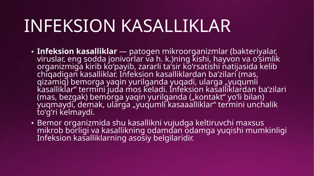 otqizish shart. gripp, qizamiq, koʻkyutal va b. baʼzi infeksion kasalliklar bilan ogʻrigan bemorlarni alohida xonaga yotqizish, tegishlicha parvarish qilish va dezinfeksiya oʻtkazib turish sharti bilan uyida ajratib qoʻyish mumkin. sanatoriylar, dam olish uylari, bolalarni sogʻlomlashtirish muassasalari, bolalar bogʻchalari va yaslilarda, shuningdek, kasalxonalarning terapiya, xirurgiya, pediatriya va b. (infeksion boʻlimidan tashqari) boʻlimlarida izolyator jihozlanadi. ayniqsa, xavfli infeksiyalar (toun, vabo) bilan ogʻrigan bemorlarga yaqin yurgan kishilarni oʻsha kasalliklarning inkubatsion davriga teng keluvchi muddat bilan ajratib qoʻyish shart. boshqa infeksion kasalliklarda bemorlar turli muddat bilan ajratib qoʻyiladi (jadval).[1] immunodiagnostika (immunitet va diagnostika) — amaliy immunologiyaning boʻlimi; infeksion kasalliklarni serologik tekshirishga asoslangan bakterioliz; agglyutinatsiya, pretsipitatsiya va b. diagnostik reaksiyalar yordamida aniqlash. yuqumli kasalliklardan tashqari, qon guruhini aniqlashda va sud tibbiyotida krnning odam yoki hayvon qoni ekanligini bilishda ham i. usullaridan foydalaniladi. veterinariyada hayvonlarning koʻpgina yuqumli kasalliklarini, shuningdek, kasal va mikrob tashuvchi hayvon turlarini aniqlashda i. qoʻllaniladi. sil, brutsellyoz, manqada i. maʼlum reja asosida muntazam …