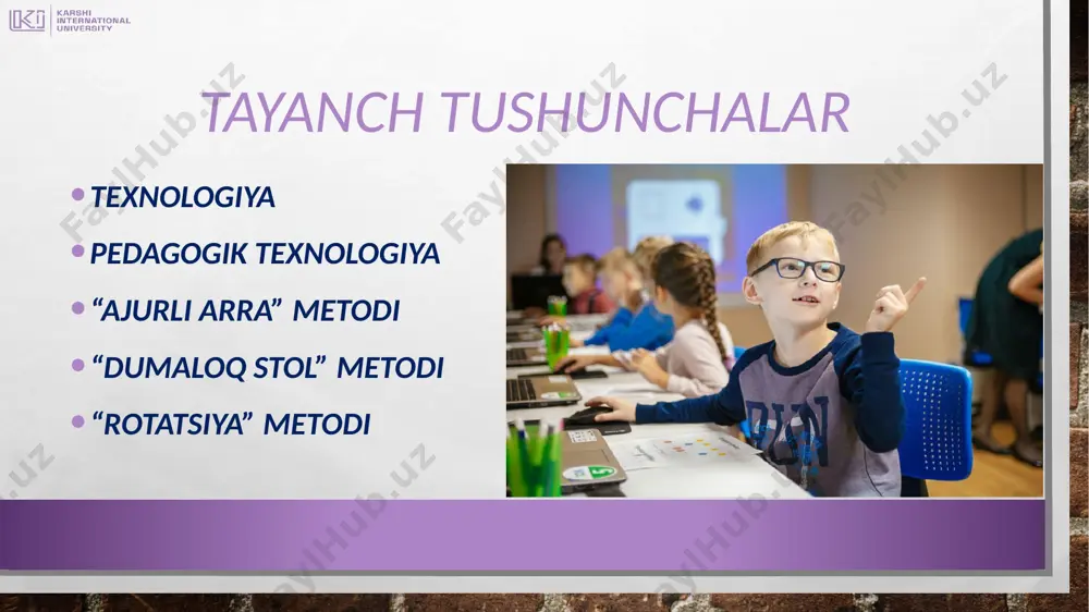 ariga mos nomerdagi topshiriqni va uni bajarishda foydalaniladigan yozma ma'lumotlar paketini oladi; bu metod mashg'ulot mavzuni har bir kichik guruh alohida-alohida muhokama qilib chiqishi, yozganlarini butun jamoa bo'lib tahlil qilib ko'rishi uchun qo'llaniladi va quyidagi bosqichlarda amalga oshiriladi; kichik guruhlar o'zlariga taqdim etilgan materiallarni hamkorlikda o'rganishib topshiriqqa javoblarini yozishadi; javoblar kichik guruhdagi husnixati chiroyli bir talaba-o'quvchi tomonidan yoziladi; topshiriqlarga yozilgan javoblar varag'i, ma'lumotlar paketi kichik guruhlararo almashtiriladi va qo'shimcha qilinadi, biroq javoblarning takrorlanishiga yo'l qo'yilmaygan; javoblar qaysi kichik guruhniki ekanligi ajralib turishi uchun ularga har xil rangdagi flamasterlardan foydalanish tavsiya etiladi. «davra suhbati» metodi davra suhbati- talabalar o'rtasida va kichik guruhlarda aylana stol atrofida o'z fikr- mulohazalarini bildirish orqali olib boriladigan o'qitish usulidir. davra suhbati usuli qo'llanganda stol- stullarni doira shaklida joylashtirish kerak. bu har bir talabaning bir- biri bilan "ko'z aloqasi"ni o'rnatib turishga yordam beradi. davra suhbatining og'zaki va yozma shakllari mavjuddir. og'zaki davra suhbatida o'qituvchi mavzuni boshlab beradi …