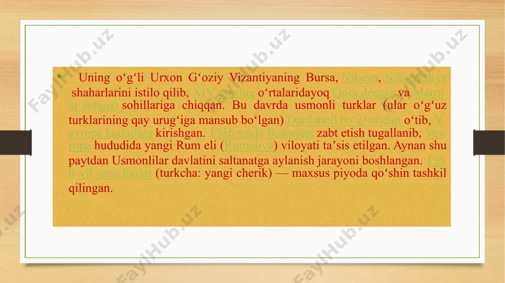 4, 1787-1791, 1807-1812, 1828-1829, 1853-1856, 1877-1878, 1914-1916 va boshqalar) oqibatida usmonli imperiyasi asta-sekin zaiflashib borgan. hatto bu paytda vahhobiylarning taʼsiri kuchayib, ular inglizlarning yordamida fors qoʻltigʻidagi el-xasa (1792), karbalo (1801), makka va madina (1803—1806)ni egallab, turklarga qarshi qirgʻin uyushtirgan. salim iii va mahmud ii hukmronliklari davrida saltanatni parchalanib ketishdan saqlab qolish uchun islohotlar oʻtkazilgan. sulton abdulmajid yana islohotlar (tanzimat) oʻtkazish (1839) orqali, bir tomondan, sultonlik inqirozini toʻxtatishga, ikkinchi tomondan, yangi turk ziyolilarini (ular oʻzlarini yangi usmonlilar deyishgan) shakllantirishga muvaffaq boʻldi. bu paytda boʻlgan qrim urushida turkiya oʻzining eski raqibi rossiya imperiyasi ustidan gʻolib chiqdi hamda qora dengiz va dunay daryosidagi mavqeini qayta tikladi. tanzimat va 1876-yilda qabul qilingan dastlabki konstitutsiya sulton abdulhamid ii tomonidan bekor qilingach (1878), mamlakatda istibdod davri boshlangan. bu davrda sultonlik yevropa davlatlariga iqtisodiy jihatdan qaram boʻla boshlagan. 19 asr oxiri — 20 asr boshlarida "ittihod va taraqqiy" partiyasi aʼzolari mamlakatda konstitutsion monarxiya oʻrnatish uchun qatʼiy harakat …