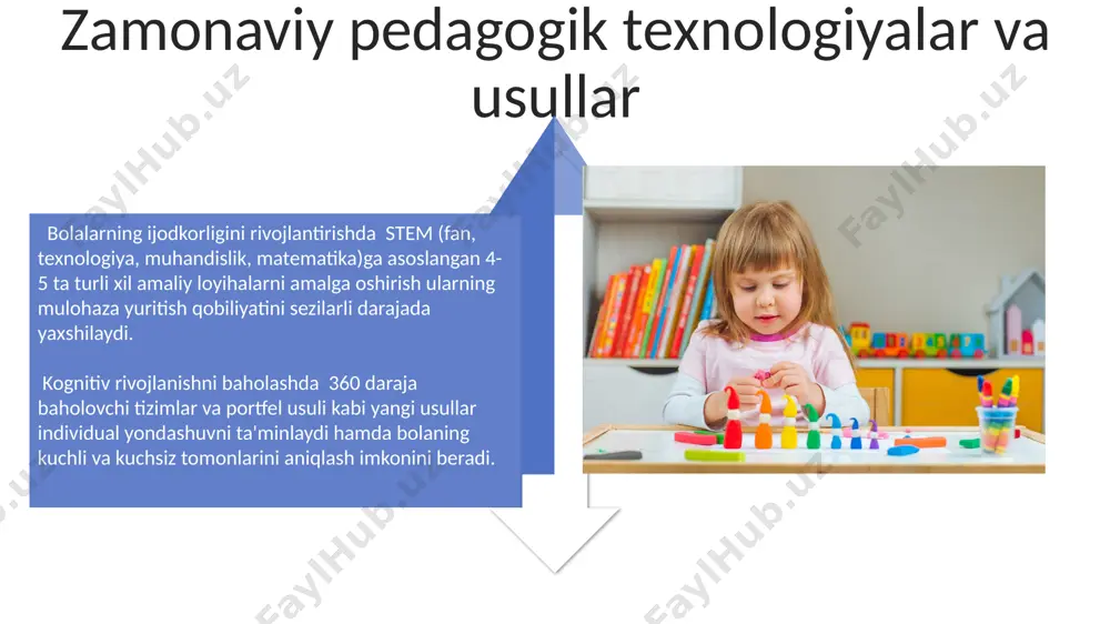 shining muhim ko'rsatkichi sifatida 5 yoshga kelib bolalar taxminan 20 turdagi mayda motor harakatlarni mukammal bajara oladi. mayda motorika ko'nikmalarining rivojlanishi 3-5 yoshgacha bo'lgan bolalarda qo'lning nozik harakatlarini, masalan, tugmachalarni bog'lash yoki mayda detallarni terishni o'z ichiga oladi va bu miya rivojlanishiga ijobiy ta'sir qiladi. ota-onalar va tarbiyachilarning roli tarbiyachilar 3-5 yoshli bolalar uchun mo'ljallangan o'yinlar va mashg'ulotlarni, masalan, mantiqiy topshiriqlar, qo'l mehnati va ijodkorlikni rivojlantiruvchi faoliyatlarni tashkil qilishlari orqali kognitiv rivojlanishni qo'llab-quvvatlaydilar. ota-onalar va tarbiyachilar o'rtasidagi uzluksiz muloqot, bolaning rivojlanishi to'g'risida ma'lumot almashish va individual yondashuvni ta'minlash orqali kamida 70% muvaffaqiyatga erishish mumkin. e'tiboringiz uchun rahmat @taqdimot_robot image4.jpg image5.jpg image6.jpg image7.jpg image8.jpg image9.jpg image10.jpg image11.jpg image12.jpg image13.jpg image14.jpg image15.jpg image16.jpg image17.jpg image3.png image18.jpg image1.jpeg image2.jpeg