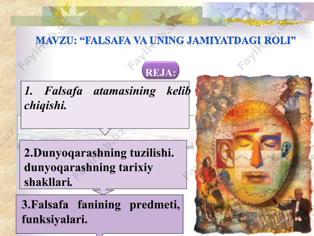 a sabablari to’g’risidagi fan” deyilgan bo’lsa, o’rta osiyolik mutafakkir abu ali ibn sino falsafani “mutlaq borliq to’g’risidagi oliy fan” deb ta’riflagan. haqiqiy donishmand xudodir, biz donishmandlikni sеvguvchilarmiz suqrot [e.a. 470-399 y] o’z-o’zini yеrga urish tubanlashish, o’zligini anglash, o’zligini yuqori tutish esa donishmandlikdir, dеgan edi abu nasr farobiy filosofiyani «hikmatni qadrlash» dеb talqin etgan. xix asrning nеmis qadriyatshunos olimi i.rikkеrt ham shunga o‘hshash fikrni quyidagicha bayon qilgan: «odamzod olam va odam hamda hayotning qadrini anglab, ular omonat bir narsa ekanini tushuna boshlagan davrlardan falsafiy fikrlashga kirishgan. binobarin, birinchi faylasuf kim bo’lganidan qat'iy nazar, hayotni qadrlaydigan kishi bo’lgani shubhasiz. falsafa o’z tadqiqot mavzusi sifatida insonning mohiyati, jamiyatdagi ijtimoiy iqtisodiy, siyosiy, ma'naviy munosabatlarning asoslari va sabablari, borliq, matеriya, tabiat taraqqiyotining eng umumiy muammolarini o’rganadi. “donishmandlik bilishgina emas, u dastavval, hayot faoliyati tarzidan iborat. haqiqiy faylasuf amaliy, hayotiy, donishmandlikning ustozidir”, - deydi kant. haqiqiy faylasuf butun donishmandlik haqidagi ta’limotga ega bo’lish bilan birga, bu …