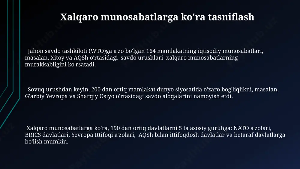 davlatning iqtisodiyot va tabiiy resurslari issiq iqlimi bilan bog'liq. o'rta dengiz iqlimiga ega bo'lgan 20 dan ortiq mamlakat, masalan, ispaniya, italiya va gretsiya, turizm va qishloq xo'jaligi sohalarida o'ziga xos xususiyatlarga ega. yetakchi davlatlar va rivojlanayotgan davlatlar 2022-yilgi ma'lumotlarga ko'ra, g7 davlatlari yalpi ichki mahsuloti bo'yicha dunyo iqtisodining 30% dan ortig'ini tashkil etgan bo'lsa, rivojlanayotgan davlatlar, masalan, afrika mamlakatlari, umumiy hissasini sezilarli darajada oshirishga harakat qilmoqda. 2023 yilda investitsiyalar oqimlari jihatidan, rivojlangan davlatlar (masalan, yevropa ittifoqi mamlakatlari) rivojlanayotgan davlatlarga nisbatan ancha yuqori ko'rsatkichlarga ega bo'lib, qo'shimcha investitsiyalarni jalb qilish uchun iqtisodiy islohotlar zarurligini ko'rsatadi. jahon bankining tasnifi bo'yicha yuqori daromadli davlatlar guruhiga kiruvchi mamlakatlar, masalan, aqsh va kanada, odam boshiga yalpi ichki mahsulot ko'rsatkichi bo'yicha rivojlanayotgan davlatlar, jumladan, markaziy osiyo mamlakatlaridan ancha yuqori. inson taraqqiyoti indeksi bo'yicha tasniflash iti tasnifi nafaqat yalpi ichki mahsulot (yaim) balki sog'liqni saqlash, ta'lim kabi omillarni ham hisobga oladi, masalan, 2022 yilda o'zbekiston iti reytingida …