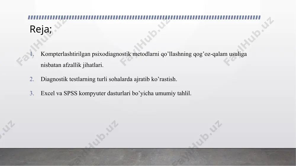 ishlashda bir necha dasturlar yaratilgan bo’lsa-da, bugungi kunda spss dasturining imkoniyatlaridan keng foydalanib kelinmoqda. chunki, ushbu dastur orqali tadqiqot natijalarini qayta ishlash juda qulay hisoblanadi. hozirgi kunda xech kimga sir emaski psixikasi anomal rivojlanishga ega bo’lgan bolalarda kompyuter programmalarini o’zlashtirishda kuchli qobiliyatga ega ekanligini kuzatishimiz mumkin.natijalarni qayta ishlashda programmalashtirish imkoniyatlarining tez sur’atda oshishi kuchli xavotirni vujudga keltirmoqda. bunda ikki asosiy tamoyilni shakllantirish imkoniyati mavjud. 1.testdan foydalanuvchi uchun kerakli ma’lumot keltirilishi mumkin, bunda kerakli ma’lumotlar keltirilgan, bunda uning aniqliga, validligi ko’rsatilishi kerak. 2.programmani tahlil qilishda klinik diagnostikada ishlatilishi mumkin, muhim qarorlar qabul qilish maslahat ma’lum bir insonga nisbatan maslahat berish qiyinchilik tug’diradi. shuning oqibatida programmalashtirish tahlili yuqori darajadagi mutaxassislar tomonidan tahlil qilinishi kerakligini kuzatishimiz mumkin. bunday tahlillar mutaxassisni faoliyatini yengillashtirish imkoniyatini berishi mumkin. bugungi kunda diagnostik testlashtirishni turli sohalarda ajratib ko’rastish mumkin, bunda kompyuterning xissasi albatta kattaligini bilishimiz mumkin. birinchi soha – sinaluvchilarga vazifalarni taqdim etish. bizning vatanimizda oxirgi yillarda ijtimoiy …