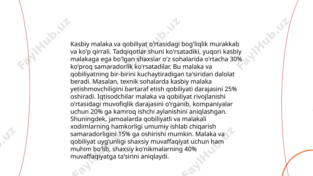 va startaplar uchun yangi imkoniyatlar yaratmoqda. ... t.me/slaydai_bot 10. jamoada ishlab chiqishdagi qobiliyatlarning o'rni jamoada ishlab chiqishdagi qobiliyatlar, samaradorlikni oshirishda muhim rol o'ynaydi. mckinsey tadqiqotchilariga ko'ra, muvaffaqiyatli jamoalar a'zolari o'rtasidagi hamkorlik 20% ga yaxshilanishi mumkin. gallup ma'lumotlariga ko'ra, yuqori xodimlar bilan jamoalar 21% yuqori rentabellikka ega. 3m kompaniyasi o'rta bo'g'indagi menejerlarning 70% viloyatidagi loyihalarda kooperativ qobiliyatni oshirgan. boston consulting group tadqiqotlari jamoaviy ishlashda qobiliyatlarning moslashuvchanligini 15% ga oshirishini ko'rsatadi. microsoftning tahliliga ko'ra, kuchli jamoalar muloqotdagi samaradorlikni 25% ga oshiradi. statistika ko'rsatmoqda, o'zaro ishonch va qobiliyatlar jamoaviy samaradorlikni 30% dan oshira oladi. deloitte hisobotlariga ko'ra, muvaffaqiyatli jamoalar rivojlanishda qobiliyatlarni 13% ga tezlashtira oladi. bu raqamlar jamoada ishlab chiqish qobiliyatlarining o'rni va ahamiyatini ko'rsatadi. ... t.me/slaydai_bot kasbiy mahorat va qobiliyatlar kasbiy faoliyatda muvaffaqiyatga erishish uchun muhim hisoblanadi. kasbiy mahorat o'z ichiga aniq ko'nikmalar va ishni bajarish qobiliyatini oladi. misol uchun, dasturchi uchun dasturlash tillarini bilish muhim. qobiliyatlar esa insonning tug'ma yoki rivojlangan …
