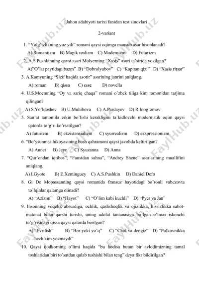 jahon adabiyoti tarixi fanidan test sinovlari — DOC