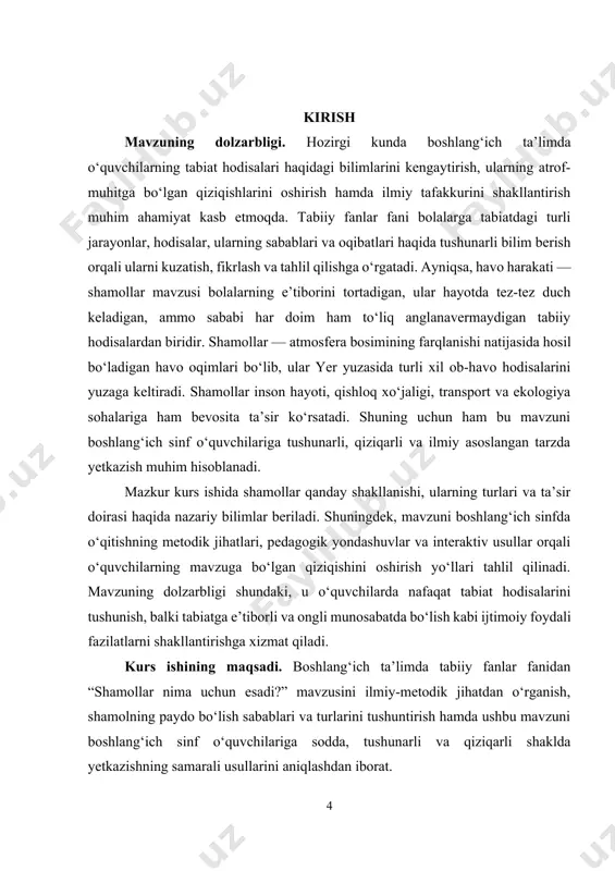 kurs ishining tuzilishi: kirish, 2 ta bob, umumiy xulosa va foydalanilgan adabiyotlar ro‘yxatidan iborat. i-bob. shamollar haqida umumiy tushuncha va ularning shakllanish sabablari 1.1. atmosfera bosimi va uning havo harakatiga ta’siri atmosfera bosimi – atmosferaning yer sirtidagi barcha narsalarga va yer sirtiga ko‘rsatadigan gidrostatik bosimi; atmosfera holatini bildiruvchi asosiy belgi. simobli barometr bilan o‘lchanadi. atmosfera bosimi din/sm2, mb yoki mm sim. ust., gpa bilan ifodalanadi. dengiz sathidagi o‘rtacha atmosfera bosimi yoki normal bosim ro q 760 mm simob ustuniga yoki 1013,25 gpa ga teng. balandlikka ko‘tarilgan sari atmosfera bosimi kamayadi. pastki qatlamlarda tezroq, yuqori qatlamlarda esa sekinroq kamayadi, dengiz sathidan 6 km balandlikda atmosfera bosimi yer yuzidagi bosimning yarmini tashkil qiladi. atmosfera bosimi balandlik bilangina emas, balki yer yuzining bir nuqtasidan ikkinchi bir nuqtasiga oʻtganda, shuningdek vaqt oʻtishi bilan ham oʻzgaradi. natijada yer yuzida bosimi pastlashgan siklonlar, bosimi yuqorilashgan antitsiklonlar va toʻlqinli bosim sohalarini kuzatamiz. bu sohada havo temperaturasi, zichligi …