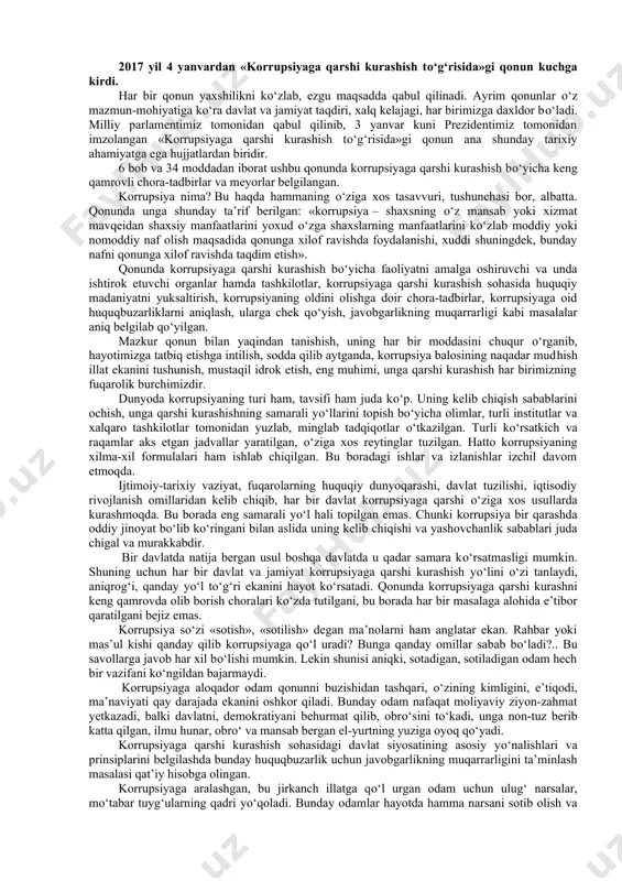 qoidalariga rioya qilishini nazorat qilishdir. hozirgi kunda bizning yurtimizda ham bir qator huquqni muhofaza qilish organlarida aynan shu vazifani bajaruvchi ichki tuzilmalar yaratilgan. tashqi nazorat – bu usulda ijro apparatidan mustaqil tuzilmalarning mustaqilligini oshirish nazarda tutilib, aynan ushbu tuzilmalar orqali korrupsiyaga qarshi samarali kurash olib boriladi. ya’ni, sud hokimiyatining maksimal darajada mustaqilligiga erishish ommaviy axborot vositalariga kо‘proq erkinlik berish va h.k. saylov tizimi orqali kurashish –demokratik davlatlarda saylangan vakillarni korrupsiya uchun jazolashning asosiy usullaridan biri keyingi saylovlarda unga ovoz bermaslik hisoblanadi. korrupsiyaga saylovlar orqali ta’sir о‘tkazish eng samarali usul hisoblanadi. korrupsiyaga qarshi kurashda yuqori natijalarga erishgan shvetsiya, singapur, gonkong, portugaliya kabi davlatlarning tajribasini о‘rganish shuni kо‘rsatadiki, korrupsiyani yuzaga keltiruvchi omillarni bartaraf etish korrupsiyaga qarshi kurashda muhim о‘rin egallaydi. bunda konstitusiyaviy nazorat organlari, huquq-tartibot organlarining ahamiyati ortadi. ya’ni, korrupsiyaga olib kelishi mumkin bо‘lgan normalarni konstitusiyaviy nazorat organi tomonidan konstitusiyaga zid deb topish, aholining huquqiy savodxonligini oshirish kabi metodlardan unumli foydalanish ushbu …