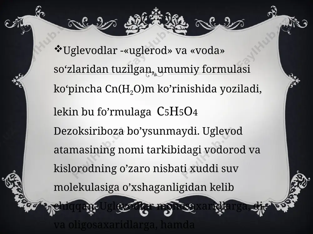 agi (choh) dagi gidroksil guruxining joylanishiga qarab monosaxaridlar d yoki l izomer holatida bo’lishi mumkin. assimtrik uglerod atomlarining soni oldtrioza-3, oldotetroza-4, oldopentoza-5 va hakozo bo’lishi mumkin. ketozalarda bitta kam bo’ladi. assimtrik uglerod atomlarining soniga qarab steroizomerlar soni n=2^n shu fo’rmula bilan aniqlanadi. n-steroizomerlar soni; n- assimtrik uglerod atomlari soni. m-n, glyukoza ochiq formada 16 ta, yopiq formada esa 32 ta optik izomerlar shaklida bo‘ladi. kimyoviy jihatdan monosaxaridlar ham aldegid (yoki keton), ham ko‘p atomli spirt xossalarini namoyon qiladi. tuzilishi va stereoizomeriyasi fazoviy izomeriya tuzilishi va steroizomeriyasi ketopentozalar aldopentozalar m-n monosaxaridlardagi aldegid guruhini qaytarib ko‘p atomli spirt olish mumkin: feling yoki benidikt reaktivi tollens reaksiyasi glukon kislota glukon kislota glukar kislota glukouron kislota glukoza glukozaning bijg`ishi spirtli bijg`ish c6h12o6 = 2ch3–сh2oh + 2co2 sutli bijg`ish c6h12o6 → 2ch3–ch–соoh i oh moyli bijg`ish c6h12o6 → ch3–ch2–сн2–соoh + 2н2 + 2co2 geksozalar spirtli bijg‘ishdan tashqari atseton, butanol, limon kislotasi, sut kislotasi, moy kislotasi …