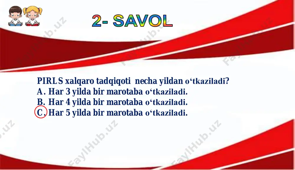 adi? a) osiyo fili kichikroq bo‘ladi. b) osiyo fili kattaroq bo‘ladi. c) osiyo fili balandroq bo‘ladi. baholash mezoni: ball javob 1 to‘g‘ri javob: a 0 boshqa javob yoki javob yo‘q bo‘lsa. 5−savol: nima uchun fillarning tabiatdagi hayoti xavf ostida? a)yashash joylarining keng tarqalishi tufayli ularning tabiatdagi hayoti xavf ostida. b) yashash joylarining keng tarqalishi va ularning tishlarini (fil suyagi) noqonuniy ovlash tufayli ularning tabiatdagi hayoti xavf ostida. c) ularning tishlarini (fil suyagi) noqonuniy ovlash tufayli ularning tabiatdagi hayoti xavf ostida. baholash mezoni: ball javob 1 to‘g‘ri javob: b 0 boshqa javob yoki javob yo‘q bo‘lsa. 6−savol: nimalarning yordami bilan fil ovqatni chaynadi? a) oziq tish b) uzun xartum c) fil suyagi baholash mezoni: ball javob 1 to‘g‘ri javob: a 0 boshqa javob yoki javob yo‘q bo‘lsa. 7−savol: afrikada qaysi fillar yashaydi? a) faqat o‘rmon fili afrikada yashaydi. b) osiyo fili afrikada yashaydi. c) savanna va o‘rmon fili afrikada yashaydi. baholash …