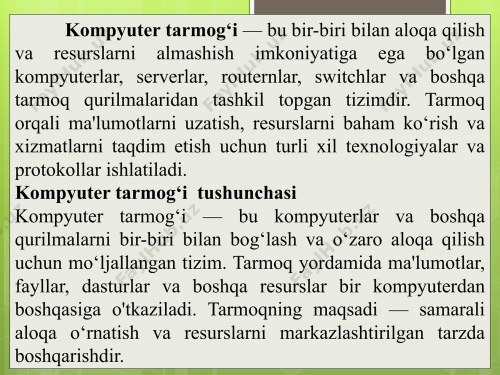 bu vosita internetni keng omma uchun ochib berdi. 1990-yillar oxiri: internetning ommalashuvi, kompyuterlar o'rtasidagi bog'lanishni yanada osonlashtirdi va tarmoq texnologiyalari, masalan, ethernet va wi-fi, jadal rivojlana boshladi. 4. hozirgi davr (2000-yildan hozirgacha) 2000-yillar: bulutli hisoblash va mobil internetning keng tarqalishi. tarmoq infratuzilmasi yanada rivojlanib, tezkor va keng qamrovli tarmoqlar yaratildi. hozirgi vaqtda: 5g texnologiyalari, internet of things (iot), sun'iy intellekt va katta ma'lumotlar (big data) tarmoq texnologiyalarining yangi bosqichlarini belgilaydi. shuningdek, kiberxavfsizlik va ma'lumotlarni himoya qilish muhim ahamiyatga ega bo'ldi. kompyuter tarmoqlarining rivojlanishiga katta hissa qo‘shgan ko‘plab olimlar, muhandislar va tadqiqotchilar mavjud. quyida ba'zi muhim shaxslar haqida qisqacha ma'lumot beraman: vint serf - internetning "ota"laridan biri deb ataladi. u tcp/ip protokollarini ishlab chiqishda muhim rol o'ynadi, bu internetning asosiy protokollaridan biridir. shuningdek, u google’da chief internet evangelist sifatida ishlagan. robert kahn - vint serf bilan birgalikda tcp/ip protokollarini ishlab chiqishga hissa qo‘shgan. u ham o‘zining ishlarida tarmoq arxitekturasi va protokollarni …