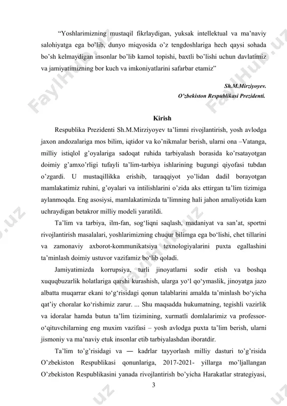 arb vazifalardan biridir. barcha o’quv predmetlar qatoriga kimyo fani asosida puxta va samarali o’zlashtirishda zamonaviy ped texnologiyalardan foydalanishning o’rni katta. o’quvchilarning berilgan mavzular mazmunini tushunishi, unda aks etgan kimyoviy tushunchalar, qonunlar, ayrim moddalar misolida daliliy ma’lumotlarni o’zlashtirishda o’qitish metodlari yordamida amalga oshiriladi. bularning barchasi talab darajasida bo’lishi uchun bugungi kunda kimyo ta’limida ham zamonaviy ped texnalogiyalardan foydalanish yaxshi samara beradi. xususan, anorganik kimyo darslarining o`qitilishida zamonaviy ped texnologiyalaridan foydalanish, o`quvchilar uchun darsning tushunarlilik darajasini oshirmoqda. buning natijasda o`quvchilarninng bilim olish salohiyati o`smoqda. shuning uchun biz bitiruv malakaviy ishimizni “o’rta maktab kimyo kursida reaksiya tushunchasini shakllantirish va rivojlantirish ” deb nomlashga ahd qildik. quyida sizning e’tiboringizga xavola etilayotgan ishda kimyo ta’limiga mos zamonaviy ped texnologiyalar va ulardan o’quv jarayonida unumli foydalanishga doir tavsiyalar aks ettirilgan. o’zbekiston respublikasi “kadrlar tayyorlash milliy dasturi” ta’limning barcha bosqichlarini isloh qilishni asosiy vazifa qilib belgiladi. isloh qilishning eng muhim tomonlaridan biri o’quv tarbiya jarayoniga ilg’or pedagogik …