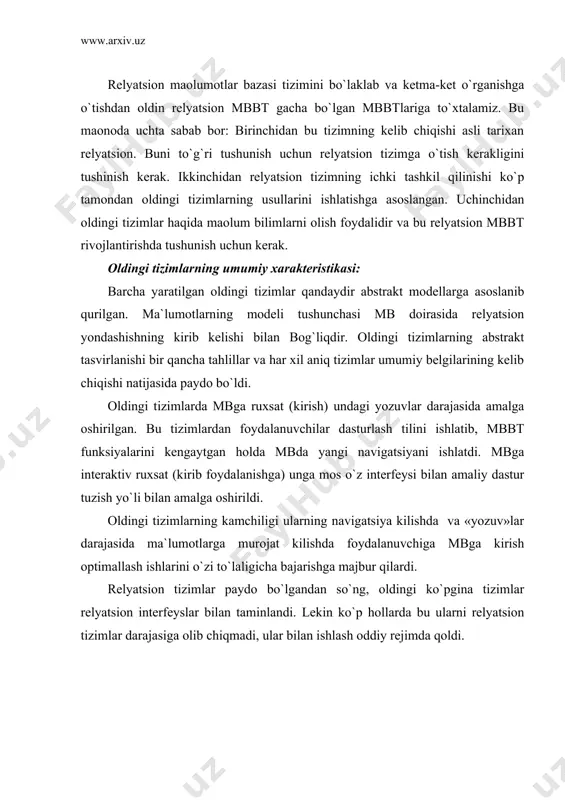 lib chiqmadi, ular bilan ishlash oddiy rejimda qoldi. invertirlangan ro`yxatga asoslangan tizimlar bunday tizimlarga ko`proq maolum va tipik vakil bo`lgan appliyed data research, inc. (adr) kompaniyasining datacom/db kiradi. bu tizim ibm va software ag kompaniyaning adabas firmalarining mashinalariga asoslsngan. ma`lumotlarga murojatni invertir ro`yxatlar asosida tashkil etish umuman barcha zamonaviy relatsion mbbt larda foydalaniladi, lekin bu tizimlarda foydalanuvchi invertir ruyxatlarga (indekslarga) to`g`ridan-to`g`ri murojaat eta olmaydi. ma`lumotlar strukturasi invertirlangan ro`yxat yordamida tashkil qilingan ma`lumotlar bazasi relyatsion mb ga o`xshab ketadi. ularning farqi jadvallarning saqlanishida va foydalanuvchilarning unga kirish yollaridadir. bunda: sistema tamonidan fizik ketma ketlikda jadval ustunlari tartiblanandi. fizik tartiblanish barcha jadvallar qatori uchun aniqlanadi, jumladan barcha mb uchun ham (shunday qilinadi, masalan, datacom/dbda). har bir jadval uchun indeks quriladigan istalgan kalitlar sonini izlab topish mumkin. bu indekslar sistema tamonidan avtomatik ravishda quvvatlanadi. manipulirovaniye dannimi ikkita sinf operatorlari quvvatlanadi: yozuv adreslarini qo`yish operatorlari. ular ichida to`g`ridan to`g`ri izlash operatori (masalan, berilgan ruxsat …