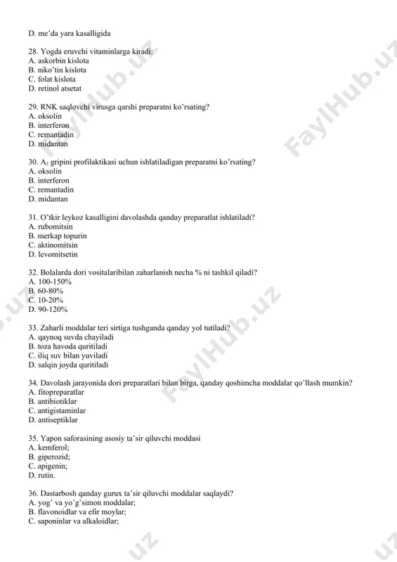 lae; d. rheumpalmatum 47. aloy oilasinilotinchanomi? a. rosaceae; b. radicesrhei; c. polygonaceae; d. liliaceae. 48. kodein fosfat dori noddasini fizik-ximik xossasini to`gri ko`rsating? a. oq kristall kukun bo`lib, taxir ta`mga ega; b. yashil rangli kristall kukun bo`lib, shirin ta`mga ega; c. pushti rangli kristall kukun bo`lib, achichiq ta`mga ega; d. sariq rangli kristall kukun bo`lib, sho`r ta`mga ega. 49. rp. da tayyorlanagan fenilsalitsilat kukun dorisi qanday kapsulaga o`raladi? a. oddiy kapsulaga; b. mum shimdirilgan kamsulaga; c. jelatinli kapsulaga; d. pergament kapsulaga. 50. dori nomlaridan qattiq dori turlari yozilgan qatorni toping? a. almagel suspenziya, bekarbon tabletka, gorchichniklar; b. emulsiya, kodein poroshok, novokain shamcha; c. anuzol sham dori, emulsiya, streptosid poroshok; d. undevit, antigrippin kukuni, analgin tabletkasi; 51. retseptdagi moddalarninig umumiy og’irligini toping? rp. : antipyrini 0, 25 coffeini natrii benzoatis 0, 15 sacchari 1, 0 m. f. pulv d. t. d. №10 s. 1 poroshokdan 3 maxal ichilsin # a. 0, …