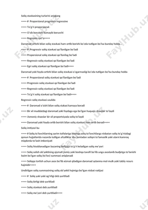 gan me’yor ==== xo‘jalik faoliyatining natijasi (daromad foyda) ==== soliq solish ob’yektining soliq stavkasi qo‘llaniladigan miqdori++++ soliq bazasi nima? ==== # soliq solish ob’yektining soliq stavkasi qo‘llaniladigan miqdori ==== soliqqa tortish uchun asos bo‘lib xizmat qiladigan daromad aylanma mol-mulk yoki tabiiy resurs hajmidir ==== soliq hisoblanadigan bazaning birligiga to‘g‘ri keladigan soliq me’yori ==== soliq solinadigan bazaning o‘lchov birligiga nisbatan qonunchilik tomonidan belgilab qo‘yilgan me’yor++++ soliq stavkasi nima? ==== # soliq bazasining o‘lchov birligiga nisbatan hisoblanadigan soliqning foizlardagi yoki mutlaq summadagi miqdorini ifodalaydi ==== soliqqa tortish uchun asos bo‘lib xizmat qiladigan daromad aylanma mol-mulk yoki tabiiy resurs hajmidir ==== soliq solish ob’yektining qiymati jismiy yoki boshqa tavsifi bo‘lib unga asoslanib budjetga to‘lanishi lozim bo‘lgan soliq (to‘lov) summasi aniqlanadi ==== soliq solish ob’yektining soliq stavkasi qo‘llaniladigan miqdori++++ soliq stavkasining turlarini aniqlang ==== # proporsional progressiv regressive ==== to‘g‘ri proporsional ==== o‘sib boruvchi kamayib boruvchi ==== regressiv qat’iy++++ daromad ortishi bilan soliq stavkasi …