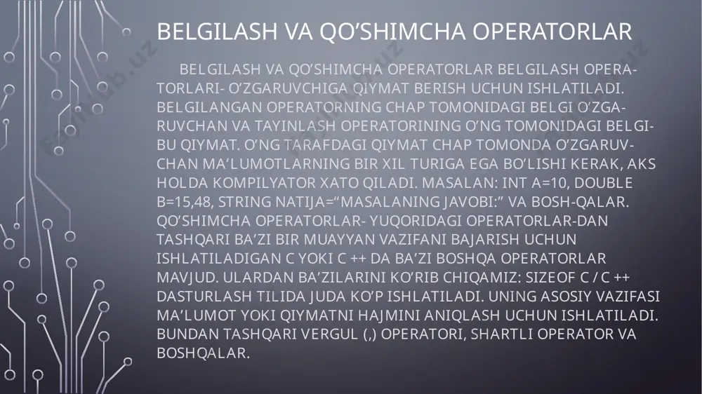 «probel ajratuvchisini» ishlatadi. probel ajratuvchisiga - probel belgisi (‘─’), ‘\t’ - tabulyatsiya belgisi, ‘\n’- keyingi qatorga o‘tish belgisi, boshqa ajratuvchilar va izohlar (kommentariylar) kiradi. dastur matni tushunarli bo‘lishi uchun izohlar ishlatiladi. izohlar kompilyator tomonidan «o‘tkazib» yuboriladi va ular dastur amal qilishiga hech qanday ta’sir qilmaydi. c++ tilida izohlar ikki ko‘rinishda yozilishi mumkin. birinchisida “/*” dan boshlanib, “*/” belgalari bilan tugagan barcha belgilar ketma ketligi izoh hisoblanadi, ikkinchisi «satriy izoh» deb nomlanadi va u “//’ belgilardan boshlangan va satr oxirigacha yozilgan belgilar ketma-ketligi bo‘ladi. izohning birinchi ko‘rinishida yozilgan izohlar bir necha satr bo‘lishi va ulardan keyin c++ operatorlari davom etishi mumkin. аrifmеtik аmаllаr tayanch arifmetik amallarga qo‘shish (+), ayirish (–), ko‘paytirish (*), bo‘lish (/) va bo‘lish qoldig‘ini olish (%) amallarini keltirish mumkin. amallar qaytaradigan qiymatlarni o‘zlashtirish uchun qiymat berish amali (=) va uning turli modifikat-siyalari ishlatiladi: qo‘shish, qiymat berish bilan (+=); ayirish, qiymat berish bilan (–=); ko‘paytirish, qiymat berish bilan (*=); …