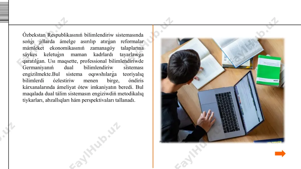 alaw sisteması, máselen, worldskills standartları tiykarında ámelge asırılıwı kerek. ózbekstanda 2021/2022-oqıw jılınan baslap, germaniya bilimlendiriw sistemasında óz nátiyjesin berip kiyatırǵan bilimlendiriwdiń dual túri engizilip, jaslardı kásip-ónerlerge oqıtıw baǵdarında bilimlendiriw mákemesinde alınǵan teoriyalıq bilimlerdi bir waqıttıń ózinde ámeliyatta qollanıw imkaniyatın beretuǵın jańa bilimlendiriw túri engizildi. dáslep bul bilimlendiriw formasın ózbekstanda engiziw hám onı jetilistiriw boyınsha huqıqıy tiykar jaratıldı. yaǵnıy, ózbekstan respublikasınıń 2020-jıl 23-sentyabrdegi "bilimlendiriw haqqında"ǵı órn-637-sanlı nızamınıń 15-statyasında dual bilimlendiriw ayrıqsha bilimlendiriw túri sıpatında belgilengen bolsa, usı nızamnıń 17-statyasında bolsa dual bilimlendiriw túrine tómendegishe táriyp berilgen:"dual bilimlendiriw bilim alıwshılar tárepinen zárúr bilim, tájiriybe hám kónlikpelerdi alıwǵa qaratılǵan bolıp, olardıń teoriyalıq bólegi bilimlendiriw shólkemi negizinde, ámeliy bólegi bolsa bilim alıwshınıń jumıs ornında ámelge asırıladı." atap aytqanda, ózbekstan respublikası prezidentiniń "ózbekstannıń jańa rawajlanıw dáwirinde tálim-tárbiya hám ilim tarawların rawajlandırıw ilajları haqqında"ǵı 2020-jıl 6-noyabrdegi pp-6108-sanlı pármanında 2021/2022-oqıw jılınan baslap, ámeliyatqa baǵdarlanǵan bilimlendiriw baǵdarlamaların engiziw maqsetinde professional bilimlendiriw mákemelerinde dual bilimlendiriw sistemasın engiziw belgilendi. bul …