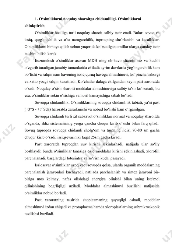dagi energiya olinishi bilan uning iste'mol qilinishining bog‘liqligi uziladi. moddalar almashinuvi buzilishi natijasida o‘simliklar nobud bo‘ladi. past xaroratning ta'sirida sitoplazmaning quyuqligi oshadi, moddalar almashinuvi izdan chiqadi va protoplazma hamda xloroplastlarning submikroskopik tuzilishsi buziladi. shunday qilib, past haroratda o‘simliklarning tuproqdan va havodan oziqlanish tartibi buziladi, natijada ular nimjonlashib, turli kasalliklarga: fiziologik so‘lish, bakterial va virus kasalliklariga beriluvchan bo‘lib qoladi. urugdan o‘stirilgan, o‘zgaruvchan haroratda rivojlangan o‘simliklar yuqori fiziologik hossalari va past haroratga yaxshi moslashganligi bilan farq qiladi34. 16 kun davomida past harorat bilan ishlov berilgan bo‘rtgan urug‘lar ancha erta unib chiqqan, ildizi va maysalari yaxshi o‘sgan, kontrol o‘simliklarga nisbatan barglarida shakar ko‘p bo‘lgan. barglarida xlorofill, mevalarida quruq moddalar va organik kislotalar ko‘p bo‘lgan. 8 soatlik past xarorat kamlik qilgan, - 4°s dan past haroratda 4 kundan ortiq ishlov berish o‘simliklarning o‘sishini to‘xtatgan va umumiy hosilini kamaytirgan. chiniqtirilgan o‘simliklarda sovuq davrda fotosintez bir necha marta yuqori bo‘lgan. a.ye. voronova usuli bo‘yicha bo‘rtgan urug‘larni …