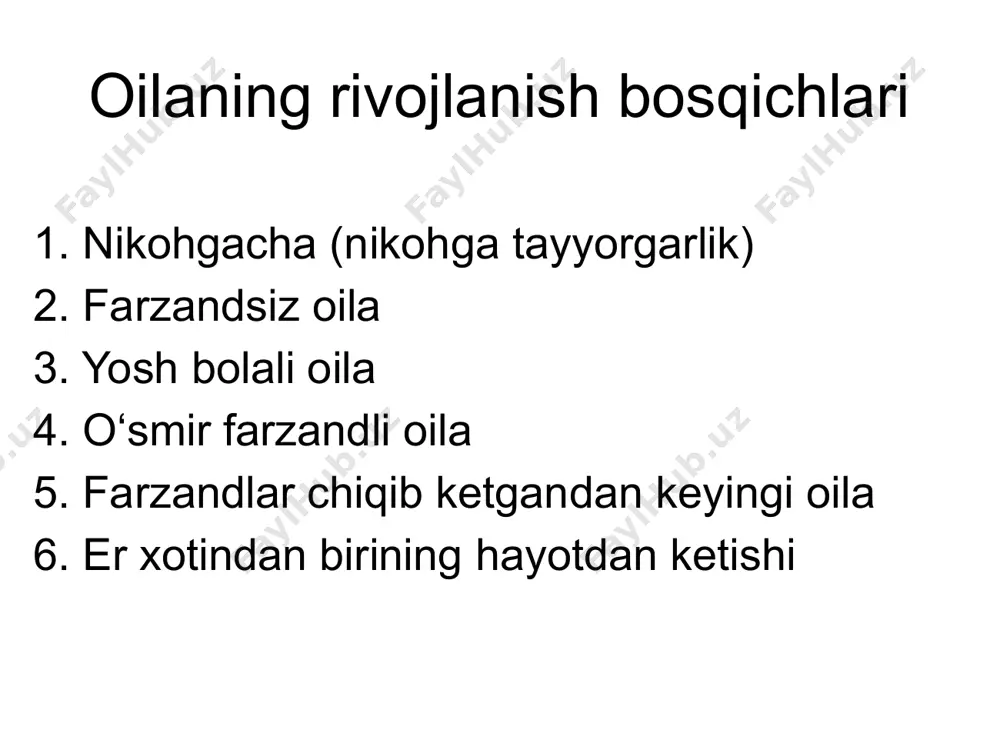 shqa birovga o‘zida inkor etadigan extiyoj, motiv va istaklarni o‘tkazish «bo‘linish» odam o‘zida inkor etadigan sifatni bostirishi va boshqa birovda uni bo‘rttirib ko‘rishi nikohdan subyektiv qoniqqanlik oilaviy hayotning yaxshiligini subyektiv baholash nikohdan subyektiv qoniqqanlik inson kutuvlari va oilaviy xayotda bo‘lib o‘tayotgan reallikning o‘zaro nisbati nikohdan subyektiv qoniqqanlik darajasining pastligi anglangan kam anglangan nikohdan subyektiv qoniqqanlik to‘liq qisman nikohdan subyektiv qoniqqanlikka ta’sir etuvchi sharoitlar oila hayoti bosqichlari oilaviy hayot tajribasi qadriyatlar birligi gender farqlar oilada farzandlar borligi onaning buvilik rolida bo‘lishi mehnat bilan band bo‘lish disfunksional oilalar oilaviy muammolar natijasida oila a’zosining bazoviy extiyojlari qondirilmasligi va oiladagi asosiy vazifalarining amalga oshmasligi disfunksional oilalar ko‘rinishlari muvozanatlashmagan oila koalitsion oila autsayderlarga ega oila teskari iyerarxiyali oila o‘zaro munosabatlar uzilayotgan oila o‘zaro munosabatlar uzilgan oila disfunksional oiladagi asosiy belgi o‘zaro munosabatlar o‘zaro muhabbat va aloqadorlik asosida emas, balki o‘zaro mute’lik va bo‘ysunish asosida bo‘ladi baxtli oila belgilari oilaviy ong, “biz hissi”ning mavjudligi shaxs mustaqilligini …
