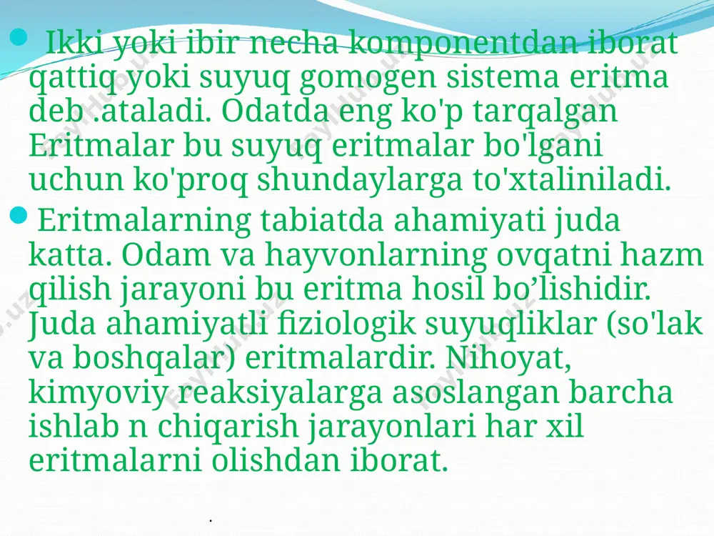 arqli o’laroq elektrolitlar deyiladi. shved olimi s. arrenius eritmalarning xossalarini o’rganib (1887) quyidagicha xulosaga keldi: tuz, kislota, asoslar eritmalarida osmotik bosimning ko’tarilishi, muzlash temperaturasining pasayishi va qaynash temperaturasining ko’tarilishi hamda ularning elektr tokini o’tkaza olish xususiyatining hammasi bitta narsadan kelib chiqadi. bu hodisalarning hammasiga sabab shuki, elektrolitlar suvdagi eritmalarida dissotsilanadi, ya’ni musbat va manfiy zaryadlangan ionlar ajraladi. musbat zaryadlangan ionlar kationlar, manfiy zaryadlangan ionlar esa anionlar deyiladi. elektrolitlar eritmalarida uzluksiz harakatda bo’ladigan ionlarning borligi bu eritmalarning elektr o’tkazuvchanligiga sabab bo’ladi. elektrolit ionlarga ajralganda bitta molekuladan ikki va undan ortiq ion hosil bo’lishi natijasida eritmadagi zarrachalarning umumiy soni ortadi. shuning uchun elektrolit eritmasining osmotik bosim, muzlash temperaturasining pasayish va qaynash temperaturasining ko’tarilish kattaliklari xuddi shunday konsentrasiyali elektrolitmas eritmanikidan ancha yuqori bo’ladi. ya. vant-goff va f.raul qonunlarini elektrolitlar eritmalariga tatbiq etish uchun eritma xossalarining konsentratsiyaga bog’liqligini ifodalovchi tenglamalarga vant-goff koeffitsiyenti yoki izotonik koeffitsiyent deb ataluvchi tuzatma ko’paytuvchi kiritiladi va u i harfi …