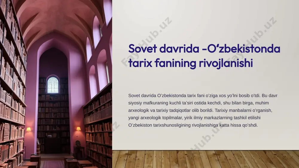 . sovet davrida tarixiy manbalarni oʻrganish, oʻzbekiston tarixini boyitishda katta ahamiyatga ega boʻldi. 5 oʻzbekiston tarixining davrlashtirilishi qadimgi davr oʻzbekiston hududida insoniyatning paydo boʻlishi, ilk davlatlarning shakllanishi, zardushtiylikning tarqalishi. oʻrta asrlar turk xoqonligi, arab xalifaligi, somoniylar, qoraxoniylar, xorazmshohlar davri. yangi davr temuriylar davlati, shayboniylar, buxoro xonligi, qoʻqon xonligi, xiva xonligi. eng yangi davr oʻzbekistonning rossiya imperiyasi tarkibiga kirishi, sovet davri, mustaqillik. sovet davrida oʻzbekiston tarixining davrlashtirilishi marksistik-leninistik konsepsiyalar asosida amalga oshirildi. 6 sovet davri tarixshunosligining yutuqlari va kamchiliklari yutuqlari kamchiliklari keng koʻlamli arxeologik tadqiqotlar olib borildi mafkuraviy taʼsir ostida milliy oʻzlik inkor etildi tarixiy manbalarni oʻrganishga katta eʼtibor qaratildi tarixiy voqealar sinfiy kurash nuqtai nazaridan talqin etildi ilmiy markazlar va muassasalar tashkil etildi mustaqil fikrlash cheklandi 7 mafkuraviy taʼsir va cheklovlar marksizm-leninizm gʻoyalari sovet tarixshunosligining asosiy tamoyili marksizm-leninizm gʻoyalari edi. tarixiy voqealar sinfiy kurash nuqtai nazaridan talqin etilib, proletariat diktaturasi va kommunizm qurilishi gʻoyalari targʻib qilindi. bu oʻzbekiston tarixini oʻrganishga …