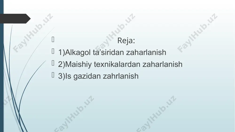 bezovta qilishda davom etadi. ogʻir. jiddiy klinik ko'rinish mavjud: miya disfunktsiyasi, miyokard shikastlanishi, konvulsiyalar. keyinchalik asoratlar rivojlanadi. kimyoviy zaharlanishda birinchi yordam jabrlanuvchini xavfli joydan evakuatsiya qilish, toza havo bilan ta'minlash, boshpana orqali isinishdan iborat. yetib kelgach, tez yordam mashinasi reanimatsiya qiladi va bemorni kasalxonaga yotqizadi. profilaktikasi zahar haqida ogohlantirishlar ehtiyotkorlik va ehtiyotkorlikka asoslangan: dori vositalaridan foydalanish retsept boʻyicha yoki shifokor bilan maslahatlashganidan keyin amalga oshirilishi kerak. faqat sertifikatlangan alkogolli mahsulotlarni sotib olish va iste'mol qilish kerak. uy kimyoviy moddalari yoki pestitsidlarni ishlatishdan oldin ko'rsatmalarni diqqat bilan o'qib chiqishingiz kerak. mahsulotlarni himoya vositalarida ishlatishingiz kerak. gaz xonasi doimo ventilyatsiya qilinishi kerak. image1.png image2.png image3.png /docprops/thumbnail.wmf