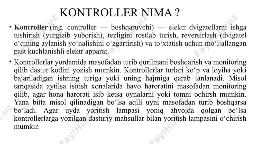 , 16mgsli kvarsli generator, usb porti, kuchlanish porti, icsp porti va qayta yuklash tugmasidan iborat. "uno" so'zi italyanchada bir degan ma'noni anglatadi. bu bejis emas, arduino uno yaratuvchilari bu yangi kontroller arduino kontrollerlar oilasida yangi burilish va yangi flagman yaratishga harakat qilishgan va buni uddalaganlar. sababi, arduino uno arduino kontrollerlar oilasidagi boshqa versiyalariga nisbatan ancha ixcham, qulay, tez, oddiy va albatta arzonroq hisoblanadi. bundan tashqari, arduino uno qurilmasi unga ulangan usb yoki tashqi manbadan kuchlanish olishi mumkin. bunda, agar manba bir nechta bo'lsa, ulardan biri avtomatik tanlanadi. arduino uno kontrolleri asosi atmega328 mikrokontrolleridan tashkil topgan. bu mikrokontroller 32 kb flesh xotiraga, undan 0.5 kb qismi yuklovchi uchun ajratilgan, bundan tashqari 2 kb tezkor xotiraga va 1 kb eepromga ega. 14 ta raqamli chiqishning har biri yoki kirish yoki chiqish uchun sozlash mumkin. arduino uno ning umumiy ko‘rinishi arduino - bu unchalik katta bo'lmagan plata bo'lib o'zining protsessori (mikrokontrolleri) va xotirasiga …