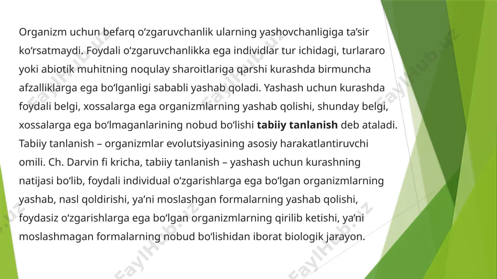 tlar unga bardosh bera olmasligi sababli shamol ularni uchirib, halok etgan. mutatsiyalar oqibatida kelib chiqqan rudiment qanotli va qanotsiz hasharotlar mutlaqo havoga ko‘tarilmay, turli yoriq, kavaklarga yashirinib olganlar. bu jarayon ko‘p ming yillar davom etishi tufayli irsiy o‘zgaruvchanlik va tabiiy tanlanish ocean orollarida hasharotlarning normal qanotlilarning kamayishiga, rudiment qanotli va qanotsiz individlarning kelib chiqishiga sababchi bo‘lgan. organizmlarning yangi belgi-xossalarining hosil bo‘lishi va rivojlanishini ta’minlaydigan tabiiy tanlanish xili harakatlantiruvchi tanlanish deb ataladi. ba’zi bir qushlar, hasharotlar qano tining, tuyoqlilarda yon barmoqlarning, g‘orlarda yashovchi hayvonlarda ko‘z ning, parazit o‘simliklarda ildiz va bargning yo‘qolishi harakatlantiruvchi tanla nish ta’siri natijasidir. muhit sharoitining asta-sekin o‘zgarishi tufayli tabiiy tanlanishning bu turi fenotip va genotip jihatdan yangi formalarni hosil qiladi. u yangi turlarning paydo bo‘lishi va organik olamdagi evolutsiya jarayonining asosiy sababchisi hisoblanadi (3-rasm). harakatlantiruvchi tanlanish: ot evolyutsiyasi iv dizruptiv tanlanish. dizruptiv tanlanish. ba’zi hollarda muayyan joyda tarqalgan bir tur ga mansub organizmlar orasida bir-biridan farq qiluvchi …