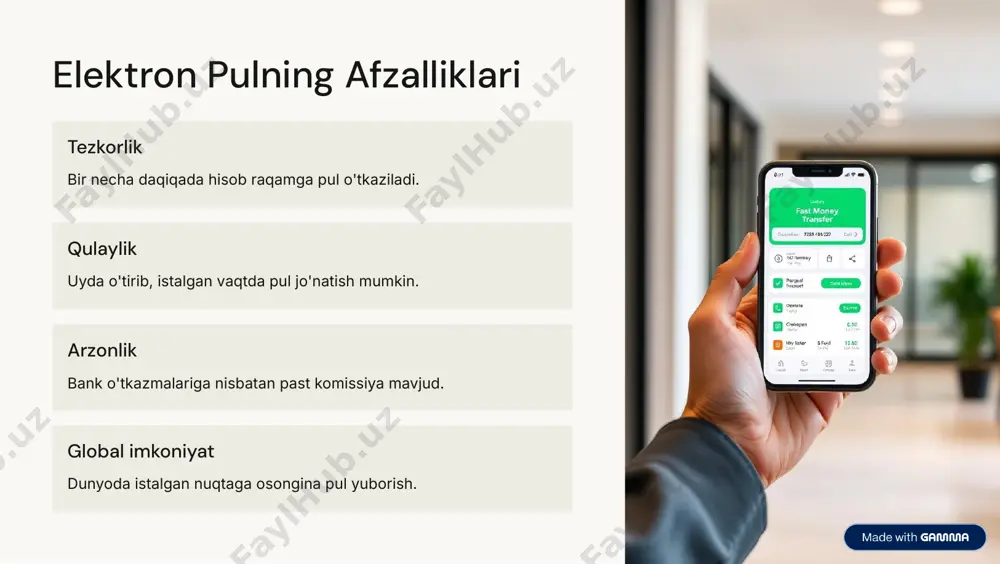 rce=made-with-gamma elektron pul o'tkazmalaridan foydalanish bo'yicha maslahatlar 1 maqsadni aniqlash elektron pul o'tkazmasining asosiy maqsadini belgilang. 2 platformani tanlash eng xavfsiz va qulay xizmatni tanlang. 3 xavfsizlik parollar va shaxsiy ma'lumotlarni qat'iy himoya qiling. 4 qonunchilikni bilish sol1q va qonunlarga rioya qilishni unutmang. https://gamma.app/?utm_source=made-with-gamma xulosa elektron pul o'tkazmalari zamonaviy va samarali moliyaviy vositadir. afzalliklar va kamchiliklar aniq baholanishi kerak. xavfsizlik muhim va hech qachon e'tibordan chetda qolmasligi lozim. qonunchilik va soliqlarni puxta bilish juda zarur. https://gamma.app/?utm_source=made-with-gamma