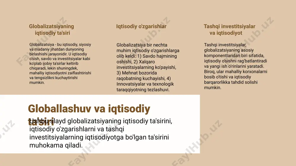 ashga xizmat qiladi. sifatli ishlab chiqarish va o'z-o'zini ta'minlash sifatli ishlab chiqarishni rag'batlantirish uchun ishlab chiqaruvchilar, innovatsion texnologiyalarni joriy etish orqali mahsulot sifatini oshirishlari lozim. mahalliy brendlar, masalan, o'zbekistonning an'anaviy hunarmandchiligi, xalqaro bozorda raqobatlashishi uchun o'z brendlarini rivojlantirishlari zarur. o'z-o'zini ta'minlash iqtisodiy xavfsizlikni ta'minlaydi va global ta'sirlardan mustaqil bo'lish imkonini beradi. photo by sebastian herrmann on unsplash madaniy diversifikatsiya: ta'rifi va mohiyati madaniy diversifikatsiya, turli madaniyatlar o'rtasida farqlarni e'tirof etish va ulardan foydalanish jarayonidir. bu jarayon, ijtimoiy, iqtisodiy va siyosiy kontekstda madaniyatlarni boyitadi va bir-birini tushunishga yordam beradi. madaniyatlar o'rtasidagi aloqalar va ta'sirlar madaniyatlar o'rtasidagi aloqalar, o'zaro ta'sir va almashuv orqali yuzaga keladi. bular orasida til, din, an'analar va qadriyatlar kabi unsurlar muhim rol o'ynaydi, shuningdek, madaniyatlar o'rtasida o'zaro hurmat va hamkorlikni rivojlantirishga olib keladi. globalizatsiya va madaniy differensiasiya globalizatsiya jarayoni, madaniy differensiasiyani kuchaytiradi, chunki u turli madaniyatlarni bir joyga to'playdi va yangi madaniyatlarning paydo bo'lishiga sabab bo'ladi. bu jarayon, …