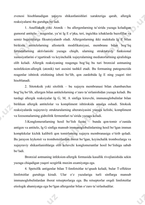 strukturalarning alteratsiyasini yuzaga kelishi, kompliment va lizosomalarning gidrolitik fermentlari ta’sirida yuzaga keladi. 3.konglomeratlarning hosil bo‘lish fazasi – bunda qon-tomir o‘zanida antigen va antitelo, ig g sinfiga mansub immunoglobulinlarning hosil bo‘lgan immun komplekslar kichik kalibirli qon tomirlarning xujayra membranasiga o‘tirib qoladi. bu jarayon leykotsit va trombotsitlardan iborat bo‘lgan, keyinchalik trombozlarga va xujayraviy shikastlanishlarga olib keluvchi konglomerantlar hosil bo‘lishiga sabab bo‘ladi. bronxial astmaning infeksion-allergik formasida kasallik rivojlanishida sekin yuzaga chiqadigan yuqori sezgirlik muxim axamiyatga ega. 4. spetsifik antigenlar bilan t-limfotsitlar to‘qnash keladi, bular t-effektor limfotsitlar guruhiga kiradi. ular o‘z yuzalariga turli sinflarga mansub immunoglobulinlardan iborat retseptorlarga ega. bu retseptorlar orqali limfotsitlar etiologik ahamiyatga ega bo‘lgan allergenlar bilan o‘zaro ta’sirlashadilar. antinatal va intranatal davrlarda o‘tkazilgan gipoksiya bolalarda bronxial astmaning juda erta yuzaga chiqishi va og‘irroq kechishiga olib keladi. bolalarda bronxial astmaning infeksion-allergik va aralash formalarida o‘tkazilgan pnevmoniya va obstruktiv bronxit bilan tez-tez kasallanib turishi bronxial astmaning rivojlanishiga sabab bo‘ladi. bronxial astmada yalliglanish jarayonining …