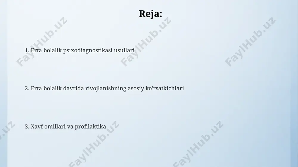 rsatkichlarni oʻz ichiga oladi. oʻzbekiston respublikasi sogʻliqni saqlash vazirligi tomonidan tavsiya etilgan usullar asosida, 18 oylik bolaga 3 ta sodda buyruqni bajara olish, masalan, "qoʻlni koʻrsat", "oyoqni koʻrsat", "bolaga toʻp ber" kabi vazifalarni bajarish koʻrsatkichlari baholanadi. bolaning 6 oyligida boshini ushlab tura olish, 12 oyligida mustaqil yura olish kabi muhim rivojlanish bosqichlari jahon sogʻliqni saqlash tashkiloti (jsst) tomonidan belgilangan me'yorlarga muvofiq baholanadi. erta yoshdagi psixodiagnostika usullari bayon etilgan 5 ta hissiy holatlar (xursandchilik, g'azab, qo'rquv, qayg'u, nafrat)ni aniqlash uchun max plank instituti tomonidan ishlab chiqilgan yuz ifodalarini tahlil qilish usuli 6 oylik chaqaloqlarda qo'llaniladi. 0-3 yoshgacha bo'lgan bolalarda psixomotor rivojlanishni baholash uchun gesell shkalasi keng qo'llaniladi va aqshda ishlab chiqilgan bo'lib, harakatlarni, o'yinni va moslashuvchanlikni o'z ichiga oladi. tug'ilishdan keyingi birinchi yilda chaqaloqning rivojlanishini kuzatish uchun 10 dan ortiq psixomotor ko'nikmalarini baholashga imkon beruvchi denver rivojlanish skrining tekshiruvi butun dunyo bo'ylab ishlatiladi. emotsional va ijtimoiy rivojlanishni baholash o'zbekiston sharoitida chaqaloqlarning …