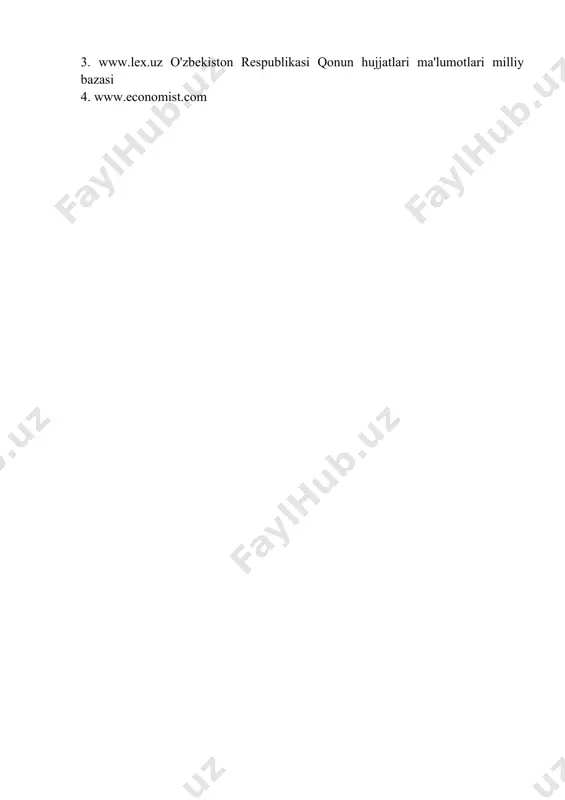 ru/20693.html (дата обращения: 12.12.2022). 6.казиев, в. м. введение в анализ, синтез и моделирование сис- тем : учеб. пособие / в. м. казиев. – 3-е изд. (электрон.). – москва [и др.] : интернет-университет информационных тех- нологий [и др.], 2020. – 270 c. – url: www.iprbookshop.ru/89425. html (дата обращения: 12.12.2022). – isbn 978-5-4497-0307-1. axborot manbalar 1. www.gov.uz-o'zbekiston respublikasi hukumat portali. 2. https://my.gov.uz-yagona interaktiv davlat xizmatlari portali 3. www.lex.uz o'zbekiston respublikasi qonun hujjatlari ma'lumotlari milliy bazasi 4. www.economist.com