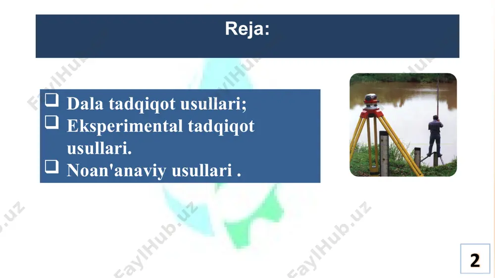 ostlari faoliyat 10 bugungi kunda er yuzidagi yirik daryolar bilan bir qatorda, suv to‘plash maydoni atigi bir necha o‘n km2 ni tashkil etadigan daryolarda ham minglab suv o‘lchash stansiyalari va postlari faoliyat ko‘rsatmoqda. mamlakatimiz daryolari, ko‘llari, suv omborlari va muzliklarida 11 mamlakatimiz daryolari, ko‘llari, suv omborlari va muzliklarida statsionar kuzatish ishlarini amalga oshirish, asosan, o‘zbekiston respublikasi vazirlar mahkamasi huzuridagi gidrometeorologiya xizmati markazi – o‘zgidrometga yuklatilgan. masalan, respublikamiz daryolarida, 2012 yil holatiga ko‘ra, o‘zgidrometga qarashli 4 ta birinchi razryadli, 6 ta ikkinchi razryadli gidrologik stansiyalar va 122 ta gidrologik postlarda kuzatishlar olib borilgan. ayrim hollarda statsionar usuldagi tadqiqotlar 12 ayrim hollarda statsionar usuldagi tadqiqotlar tegishli vazirliklar, muassasalar, masalan, qishloq va suv xo‘jaligi vazirligi, tarmoq ilmiy-tadqiqot institutlariga qarashli bo‘lgan kuzatuv joylarida ham amalga oshiriladi. masalan, yuqorida qayd etilganidek, 2012 yil holatiga ko‘ra, respublikamizda qishloq va suv ho‘jaligi vazirligiga qarashli 5 ta, geslarda esa 3 ta gidrologik postlar faoliyat ko‘rsatmoqda. ekspeditsiya usuli ekspeditsiya …