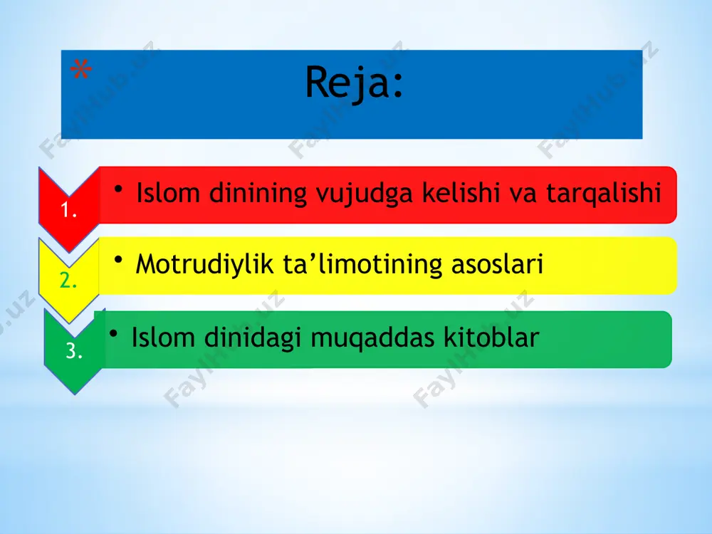 ambar “so’zi “ezgu amallar haqida xabar beruvchi” degan ma’noni anglatadi.islomni qabul qilib,rasulullohga ergashgan uning izdoshlari “muslim” deb atalgan. muhammad (s.a.v) 630-yili arablarni yagona davlatga birlashtiradi.arab davlati yamandan sino yarim oroligacha,qizil dengiz sohillaridan markaziy qum sahrosigacha cho’zilgan hududlarni o’z ichiga olgan. moturidiylik aqidaviy maktab asoschisi buyuk kalom imomi va fakih abu mansur moturidiydir. uning hayoti haqida ma’lumotlar kam. to‘liq nomi abu mansur muhammad ibn muhammad ibn mahmud hanafiy moturidiy samarqandiy (853-944), asli samarqandning moturid qishlog‘idan (hozirgi jonboy tumnida joylashgan) bo‘lib, uning taxallusi shu qishloqqa nisbatan olingan. abu mansur moturidiy dastlabki ta’limni shu qishloqda olib, keyinchalik movarounnahrning o‘sha davrdagi diniy va ma’rifiy markazi bo‘lgan samarqandda davom ettiradi. moturidiy abu bakr ahmad juzjoniy, abu nasr ahmad iyodiy, imom a’zam mazhabidagi buyuk olim nasr ibn yahyo balxiy, muhammad ibn fadl kabilarni o‘zining ustozi deb bilgan. islom dining ta’limoti uning muqaddas kitobi qur’oni karimda bayon etilgan.unga ko’ra islom ta’limotining asosini imon,islom va ehson tashkil etadi.imon …
