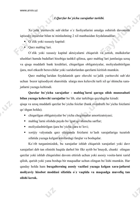 `yicha xarajatlarning to`g`ri tan olinishi ularning qoplanish man-balarini to`g`ri belgilash va natijada moliyaviy natijalarni to`g`ri aniqlash im-konini beradi. qarzlar bo`yicha xarajatlarni tan olish muammosining mohiyatiga nazar tashlash uchun, ularning buxgalteriya yozuvlari bilan aks ettirilish hol-larini ko`rib chiqamiz. faraz qilaylik, korxona bankdan 12 oy muddatga yillik 36 % to`lovi sharti bilan 2004 yilning 1-oktyabrida 2000000 so`m kredit oldi. bu holatda bank oldida: a) asosiy qarz bo`yicha; b) foizlar bo`yicha qarz yuzasidan majburiyat yuzaga keladi. bu xo`jalik muomalalari buxgalteriya hisobida quyidagi yozuvlar bilan rasmiy-lashtiriladi: qisqa muddatli bank krediti olinganda : dt hisob-kitob varag`iga 2000000 kt qisqa muddatli bank kreditlari 2000000 hisobot yilining oktyabr oyi uchun foiz ko`rinishidagi xarajatlar tan olinganda [(2000000 x 36 %) : 365 kun x 31 kun = 61151so`m] dt foiz ko`rinishidagi xarajatlar 61151 kt hisoblangan foizlar 61151 foizlar to`langanda : dt hisoblangan foizlar 61151 kt pul mablag`lari 61151 endi, xorijiy valyutada qarz olish bilan bog`liq xo`jalik muomalalarida kursdagi …