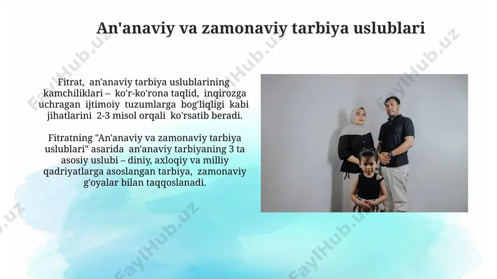 larida oilaviy nizolar, 30% hollarda mol-mulk bo'linishi bilan bog'liq bo'lib, bu esa oila a'zolarining munosabatlariga jiddiy ta'sir ko'rsatadi. yolg'iz ota-onalar oilasi muammolari fitrat, yolg'iz ota-onalar oilalarida tarbiya usullarining 50% dan ortig'i avtoritar uslubga asoslanganini va bu bolaning mustaqilligi va shaxsiy rivojlanishiga xalaqit berishini ta'kidlaydi. "yolg'iz ota-onalar oilasi" mavzusida fitratning asarlarida bolalarning psixologik rivojlanishiga salbiy ta'sir etuvchi 3 ta asosiy omil: iqtisodiy qiyinchiliklar, ijtimoiy norozilik va e'tibor yetishmasligi tahlil qilinadi. qizlar tarbiyasi masalalari asarda qizlarga 5 yoshdan boshlab diniy va dunyoviy bilimlar berish, ularning intellektual va ijodiy salohiyatini rivojlantirish zarurligi qat'iy ta'kidlanadi. fitrat, qizlar tarbiyasida an'anaviy qarashlarga qarshi chiqib, ularga teng huquq va imkoniyatlar berish, erkin fikrlash va ijtimoiy hayotda faol ishtirok etishini targ'ib qiladi. o'g'il bolalar tarbiyasi masalalari fitrat, o'g'il bolalarning jismoniy va ma'naviy kamol topishi uchun to'g'ri ovqatlanish, jismoniy mashqlar va adabiyot o'qish kabi 5 ta muhim omillarni ajratib ko'rsatadi, ularning oiladagi ahamiyatini ta'kidlaydi. asarda oiladagi 2 avlod – …