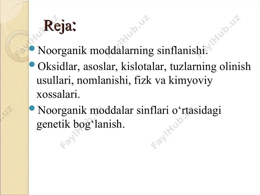 + kislota = tuz + suv (almashinish reaksiyasi) cao + h2 so4 → caso4 + h2o 2) a.о. + kislotali oksid = tuz (birikish reaksiyasi) сao + sio2 = casio3 3) a.о.(eriy) + suv = asos (ishqor) (birikish reaksiyasi) na2о + h2o → 2naoh 4) a.о. + amfoter oksid = tuz na2о + zno → na2 zno2 agregat holati turlicha: р2о5 – qattiq, sio2 – qattiq, со2 – gazsimon, so3 – hona haroratida suyuq, 17°с da qattiq holatga o‘tuvchikristall massa. turli rangga ega. sio2 tashqari barcha kislotali oksidlar suvda eriydi. kislotali oksidlarning fizik xossalari р2о5 sio2 kislotali oksidlarning kimyoviy xossalari (к.о.) 1) к.о. + asoslar = tuz + suv (almashinish reaksiyasi) co2 + mg(oн)2= mgco3 + h2o 2) к.о. +a.о. = tuz (birikish reaksiyasi) so3 + mgo = mgso4 3) к.о. + suv = kislota (sio2 dan tashqari) (birikish reaksiyasi) р2o5 + 3h2o = 2h3рo4 amfoter oksidlar amfoter oksidlar - …