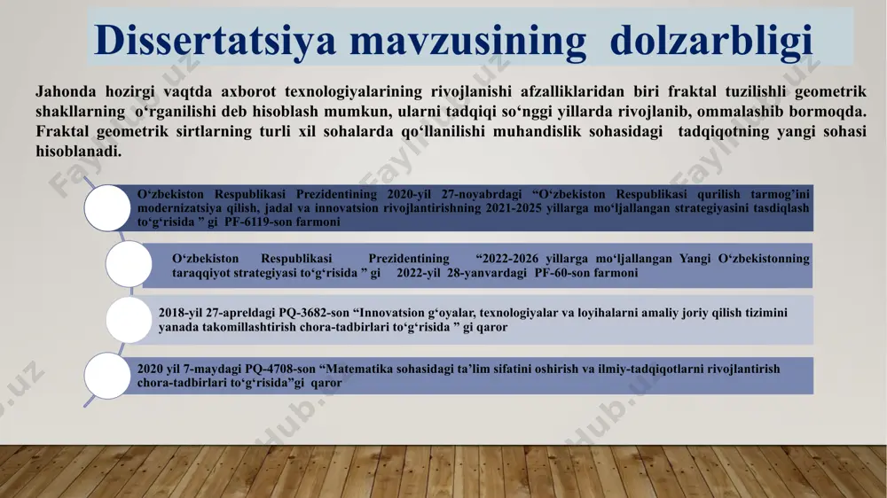 bekiston respublikasi prezidentining 2020-yil 27-noyabrdagi “o‘zbekiston respublikasi qurilish tarmog’ini modernizatsiya qilish, jadal va innovatsion rivojlantirishning 2021-2025 yillarga mo‘ljallangan strategiyasini tasdiqlash to‘g‘risida ” gi pf-6119-son farmoni o‘zbekiston respublikasi prezidentining “2022-2026 yillarga mo‘ljallangan yangi o‘zbekistonning taraqqiyot strategiyasi to‘g‘risida ” gi 2022-yil 28-yanvardagi pf-60-son farmoni 2020 yil 7-maydagi pq-4708-son “matematika sohasidagi ta’lim sifatini oshirish va ilmiy-tadqiqotlarni rivojlantirish chora-tadbirlari to‘g‘risida”gi qaror 2018-yil 27-apreldagi pq-3682-son “innovatsion g‘oyalar, texnologiyalar va loyihalarni amaliy joriy qilish tizimini yanada takomillashtirish chora-tadbirlari to‘g‘risida ” gi qaror tadqiqot maqsadi va vazifalari fraktallar nazariyasi asosida murakkab konfiguratsiyali ikki va uch o‘lchovli sirtlarni geometrik modellashtirish tadqiqotning vazifalari murakkab konfiguratsiyali ikki va uch o‘lchovli sirtlarni geometrik modellashtirish usullari va ularni shaharsozlikda qo‘llanishi bo‘yicha adabiyotlar sharhi va qiyosiy tahlilni amalga oshirish; iteratsion funksiyalar tizimi (ifs) asosida shaharsozlik obyektlaridagi murakkab konfiguratsiyali sirtlarni geometrik modellari va algoritmini ishlab chiqish; l- tizimlar usuli asosida shaharsozlik obyektlaridagi murakkab konfiguratsiyali sirtlarni geometrik modellari va algoritmini ishlab chiqish; r-funksiya tizimi asosida …