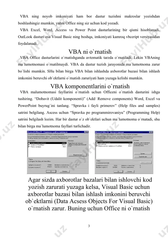 exsel ga bu malumotnoma zarur, power point uchun esa ikkilamchi vosita hisoblanadi. vba ma`lumotnomasi fayllari katta hajmni egallaydi. word va exsel sizga ma`lumotnomaning faqat eng zarur elementlarini o`rnatish uchun zarur. misol uchun, word va exsel ga bu malumotnoma zarur, power point uchun esa ikkilamchi vosita hisoblanadi. vba ni ishga tushirish-ning boshqa bir usuli menyudan servis>makros>makroslar (tools>macro>macros) ni tanlash va “edit” (tahrir) tugmasini bosish yoki create (“yaratish”) tugmachasini bosib, yangi makros yozishni boshlashdir. vba muhiti vba dasturlar muhiti mustaqil (avtonom) dastur kabi ishlaydi va avtonom visual basic ga ko`p jihatdan o`xshash. visual basic va vba da ekvivalent tugmalar bir-biriga to`g`ri keladi. masalan, dasturni ishga tushirish uchun f5 tugmasini bosing. excel da makros yozish 1. excel ni ishga tushiring va yangi ish kitobi ochilganligini tekshiring. so`ngra menyudan servis>makros>nachat zapis (tools>macro>record new macro) ni tanlang. 2. paydo bo`lgan dialog oynasida makros nomini yozing, masalan, “ochiq makros”. “soxranit v” (store macro in) ro`yxatida “eta …
