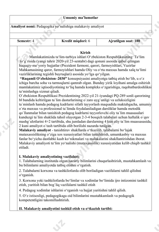 hisobotlarni shakllantirib borishini nazorat qiladi va baholarni qayd etib baradi. 10. amaliyot yakunida talabalar hisobotlarni taqdimot asosida institut amaliyot rahbariga topshiradilar. iii. institut amaliyot rahbarining vazifalari: 1. amaliyotchilarga amaliyot davomida bevosita rahbarlik qilishni amalga oshiradi. 2. malakaviy amaliyot bo‘yicha tushuntirish ishlarini olib boradi, amaliyotning boshlanishi va tugashiga bag`ishlangan anjumanlarni tashkil etadi va o‘tkazadi, amaliyotning boshlanishida va oxirida tashkilot rahbari o‘tkazadigan yig`ilishda qatnashadi. 3. amaliyotchi talabalarning texnika xavfsizligi, mehnat xavfsizligi va yong‘in xavfsizligi bo‘yicha yo‘riqnoma bilan tanishtiradi. 4. amaliyot davomida talabalarning amaliyot joyiga kelish va ketish bo‘yicha yo‘l xavfsizlik qoidalariga amal qilish bo‘yicha yo‘riqnoma bilan tanishtiradi va qaydnomani shakllntiradi. 5. talabalarning amaliyot ish rejasini tuzishini ko‘maklashadi, amaliyit davrida maslaxatlar berib boradi, amaliyot davrini mazmunli o‘tishi va paydo bo‘ladigan muammolarni bartaraf etish yo‘llarini yoki yechimini hal etishda ko‘maklashadi. 6. talabalarning amaliyot davrida bajargan ishlari yuzasidan tayyorlagan hisobot hujjatlarini, kundaliklari tekshiradi va baholab boradi. 7. talabalarining pedagogik amaliyoti yakuni bo‘yicha hisobot tayyorlydi. iv. …