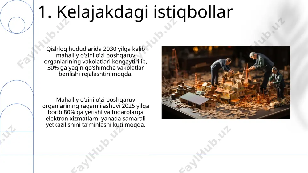 hiyati mahalliy o'zini o'zi boshqarish fuqarolarning 3 dan ortiq aholi punktlarida yashashi sharti bilan, ularning hududiy ehtiyojlarini qondirishga qaratilgan demokratik jarayondir. o'zini o'zi boshqarish organlari, masalan, hokimliklar, mahalla fuqarolar yig'inlari, 5 dan ortiq vakolatlarga ega bo'lib, byudjetdan mablag' ajratishni ham nazorat qiladi. 12.mahalliy o'zini o'zi boshqarish organlari mahalliy hokimiyat vakolatlari "mahalliy davlat hokimiyati to'g'risida"gi qonun bilan belgilanadi va 3 ta asosiy darajada: qishloq, shahar va tuman bo'yicha amal qiladi. mahalliy kengashlar 5 yil muddatga saylanadi va fuqarolar manfaatlarini himoya qilish, mahalliy byudjetni boshqarish kabi 20 dan ortiq vakolatlarga ega. e'tiboringiz uchun rahmat @taqdimot_robot image1.png image2.jpg image3.jpg image4.jpg image5.jpg image6.jpg image7.jpg image8.jpg image9.jpg image10.jpg image11.jpg image12.jpg image13.jpg