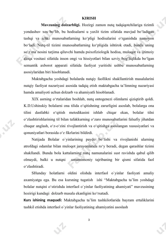 aktabgacha yoshdagi bolalarda ijodiy tafakkurni shakllantirishda foydalaniladigan interfaol o`yinlar namunalaridan foydalanish. kurs ishining metodlari: adabiyotlarni o‘rganish, pedagogik tahlil, kuzatish, qiyosiy tahlil, umumlashtirish. kurs ishining tarkibiy tuzilishi: kirish, 2 bob, 4 bo‘lim, xulosa va foydalanilgan adabiyotlar ro‘yhatidan iborat bo‘lib, jami 44 sahifa i bob. maktabgacha ta’lim tashkilotlarida bayram ertaliklarini tashkil etish 1.1 maktabgacha ta’lim tashkilotida bayram ertaliklari va o‘yin kulgi kechalari musiqa mashg‘ulotlarda fasllar, bayram va tadbirlarga oid musiqa asarlari ustida ishlash. bayram va tadbirlar sqenariysini ishlab chiqish va o‘tkazish bo‘yicha musiqa rahbari oldiga turgan vazifalar hamda ularga qo‘yiladigan talablar. maktabgacha ta’lim muassasalaridagi ertaliklar va bayramlar davlatimizning muhim voqealari bilan bog‘liq tarzda tashkil etiladi. turli xil bayramlarga bag‘ishlangan ertaliklarda bolalar mamlakatimizning muhim sanalari va bayramlari bilan tanishib boradilar. bunday ertaliklarda musiqa asosiy o‘rinda turadi. bunday ertaliklarda bolalar qo‘shiq kuylaydilar, raqsga tushadilar, bolalar musiqiy cholg‘ularida ijro etadilar. bunday ertaliklar uchun ataylab sqenariylar ѐziladi. sqenariylar mavzusi bayram ruhiga yaqin bo‘lishi, turli xil she’rlar, …