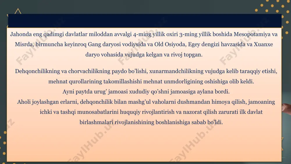 ukmdori deb eʼlon qiladi. davlat hududiga hozirgi janubiy tojikiston, janubiy oʻzbekiston va afgʻoniston kirgan. yu. yunon-baqtriya podsholigi kuchaygan paytlarda unga pokiston, shimoliy gʻarbiy hindiston ham boʻysungan. poytaxti baqtra (oʻrta asrlardagi balx) shahri boʻlib, uning xarobalari shimoliy afgʻonistonda, mozori sharif shahri yaqinida joylatlgan. kangyuy qangʻ davlati, qadimgi xitoy manbalarida kangkiya, zamonaviy oʻqilishda kangjyuy, rus adabiyotida kangyuy) — qadimda sirdaryoning oʻrta havzasida mavjud boʻlgan davlat (mil. av. 3 — mil. 5-asr oʻrtalari). ayrim adabiyotlarda ushbu davlat aholisi ham uning nomlari bilan ataladi. k.shoniyozovning fikricha, q.d. sharqda fargʻona (davan, dayyuan), shim.sharqda usun (uysun) davlatlari, shim.gʻarbda sarisu, gʻarbda sirdaryoning quyi oqimi bilan chegaradosh boʻlgan. xitoy manbalariga koʻra, q.d.ning jan. hududiga hozirgi oʻzbekistonning samarqand, buxoro, shahrisabz, kattaqoʻrgʻon va urganch tumanlari kirgan boʻlib, uning chegarasi amudaryoga borib taqaladi. janubiy da — dayruziye (dayuechji) davlati joylashgan. k. shoniyozovning yozishicha, kangyuylar koʻchmanchi turkiyzabon qabilalar bilan birlashib, soʻgʻd va oʻrta sirdaryoning oʻtirgan aholisining dastlabki turkiyzabon qatlamini tashkil etgan. kushonlar …