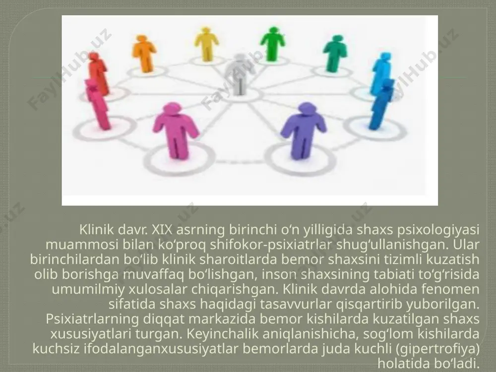 li bo‘lgan barcha narsalarini oluvchi «men» bo‘lsa; sotsial «men» – shaxsdagi uning atrofidagilar tan olgan «men», har bir shaxsni o‘zi haqida uning atrofidagilarning fikri qiziqtiradi, albatta. demak, shaxsning atrofida qancha alohida sotsial guruhlar mavjud bo‘lsa, uning uchun shuncha sotsial «men»i mavjud bo‘ladi; psixik «men» – individning sotsial muhitda uning kimligini namoyon qilishiga yordam beruvchi qobiliyat va iqtidorlarining yig‘indisi hisoblanadi; haqiqiy yoki axloqiy «men» – shaxsning o‘zini anglashi, o‘z-o‘ziga baho berishi doirasidan iboratdir. shaxs ijtimoiy rivojlanishning eng asosiy mexanizmi bolib uning faolligiga hamda individual progressiga bogliq.shaxs muammosi hozirgi jamiyatda bu asosan siyosiy koz qarashlar,oldingi avlod bilan kelisholmaslik hamda jamiyatning stereotiplaridan farqli turmush tarziga ega bolganda namoyon boladi. stereotiplar shaxs rivojlanishini pasatirayotgan omillardan biri chunki stereotip kop hollarda boshqa submadaniyat vakillariga nigativ hislarni uygotadi keyinchalik bu submadaniyatga jamiyatning kopchilik azolari bosim uyushtirishi,toxtatishi mumkin,bu esa bu jamiyatning rivojiga tosiqlaridan biri boladi. image2.png image3.png image4.png image5.png image6.png /docprops/thumbnail.jpeg