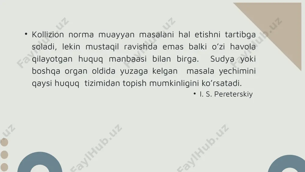 asiga mahsulot yetkazib berishi lozim edi. shartnomada har ikki tomon o‘z mamlakatidagi huquq normalariga asosan ish olib borishini ta’kidlangan. mahsulot yetkazib berilishi kerak bo‘lgan vaqtda b kompaniyasi mahsulotni vaqtida yetkazib bermaganligi sababli, a kompaniyasiga katta miqdorda zarar yetadi. natijada ular o’rtasida shartnomaga nisbatan qo’llaniladigan huquq yuzasidan nizo kelib chiqadi. kazus eng yaqin uzviy aloqa tamoyili- bunda agar tomonlar qaysi huquqni qo’llanilishini aniq kelishmagan bo‘lsa, kelishuvning asosiy elementlari qaysi mamlakat bilan eng yaqin bog‘liq bo‘lsa, o‘sha davlat huquqi qo‘llanadi. kazusning qisqacha javobi eng uzviy bog’langan mamlakat huquqiga havola tamoyili 1980-yildagi “shartnoma majburiyatlariga nisbatan qo’llaniladigan huquq to’g’risida”gi rim konvensiyasida chet el elementi bilan murakkablashgan shartnoma munosabatlarini tartibga solish uchun umumiy tamoyil sifatida tan olingan. mazkur konvensiyaning huquqni tanlash imkoniyati mavjud bo’lmaganda nizo kelib chiqqan taqdirda, shartnoma qaysi davlat huquqi bilan uzviy bog’langan bo’lsa, shu davlat huquqi bilan tartibga solinadi. ushbu holatda mahsulot toshkentga yetkazib berilishi lozim, bitim o’zbekiston bilan uzviy bog’langan bo’lishi …