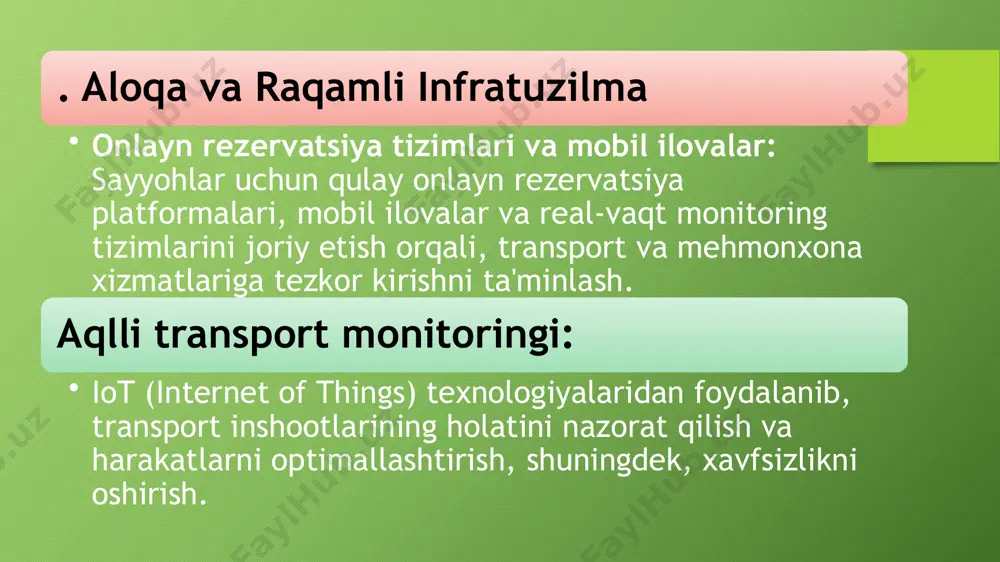 jlantirish. baliq metodi klaster infratuzilma yo‘l, temiryo‘l, aeroport va portlarni modernizatsiya qilish logistika tizimini optimallashtirish yagona transport va xizmat markazlarini yaratish madaniy va tarixiy meros tarixiy obidalarni tiklash va asrash madaniy tadbirlar, festivallar va an’anaviy hunarmandchilikni targ‘ib etish axborot kampaniyalari va interaktiv ekskursiyalar tashkil etish raqamli transformatsiya va marketing onlayn rezervatsiya tizimlari va mobil ilovalar joriy etish virtual ekskursiyalar va interaktiv xaritalar yaratish global raqamli marketing strategiyalarini (seo, smm, kontent marketing) qo‘llash investitsiya va moliyaviy resurslar davlat va xususiy sektor hamkorligini kuchaytirish kreditlar, subsidiya va investitsiya imkoniyatlarini yaratish moliyaviy qo‘llab-quvvatlash mexanizmlarini shakllantirish image2.png image3.png image4.jpeg image5.jpeg image6.jpeg image7.jpeg image8.jpeg image9.png image1.png /docprops/thumbnail.jpeg