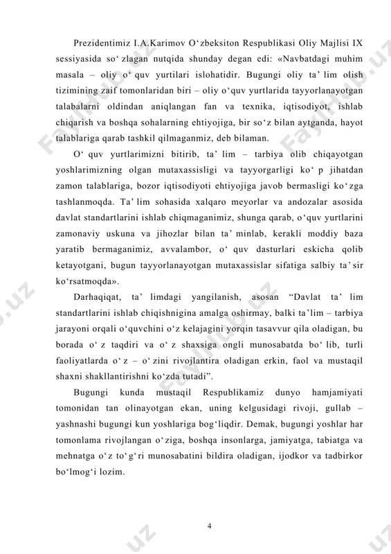 lantirishda tarbiyaning roli. bitiruv malakaviy ishining metodlari. kuzatish, faoliyat mahsullarini tahlil etish. bitiruv malakaviy ishining obyekti. talabalarining ta’lim tarbiya jarayoni. bitiruv malakaviy ishining predmeti. oliy maktabdagi tarbiya jarayoni, sharq mutafakkirlarining asarlarida tarbiya to`g`risidagi qarashlari. bitiruv malakaviy ishining ahamiyati. yosh davrlari va pedagogik – psixologiya sohasini nazariy jihatdan boyitadi va ta’lim – tarbiya ishini tо‘g‘ri tashkil etishga xizmat qiladi. bitiruv malakaviy ishining tuzilishi. bitiruv malakaviy ishi kirish, ikki bob, besh pargraf, xulosa va foydalanilgan adabiyotlar rо‘yxatidan iborat bо‘lib, hajmi --- betni tashkil etadi. i-bob. ilmiy adabiyotlarda tarbiya muammosining о‘rganilishi 1.1. psixologiya fanida tarbiya muammosining о‘rganilishi jamiyat taraqqiyotining barcha bosqichlarida ham davr talabiga munosib bо‘lgan yosh avlodni tarbiyalash muammosi hamisha dolzarb ahamiyatga ega bо‘lib kelgan. о‘zbekiston respublikasi ijtimoiy-siyosiy mustaqillikni qо‘lga kiritgach, ijtimoiy hayotning barcha sohalarida tub islohotlar olib borilmoqda. islohotlarning asosiy g‘oyasi respublikaning riojlanish va taraqqiyot yо‘li deb e’tirof etilgan demokratik, insonparvar, huquqiy jamiyatning barpo etish uchun xizmat qiladi. demokratik, insonparvar, huquqiy …